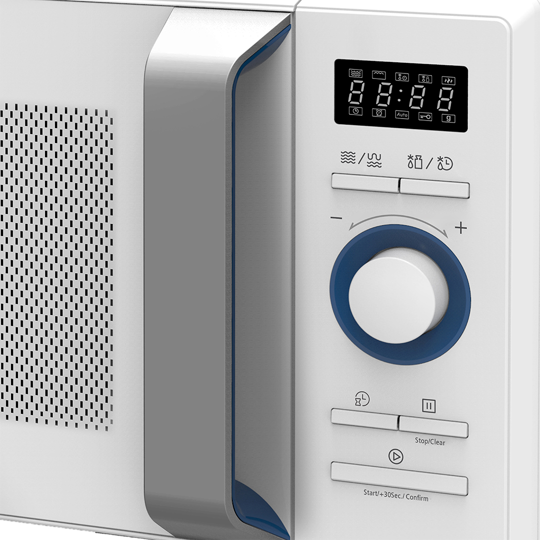 Primer plano del panel de control de un horno microondas blanco con pantalla digital y varios botones de control.