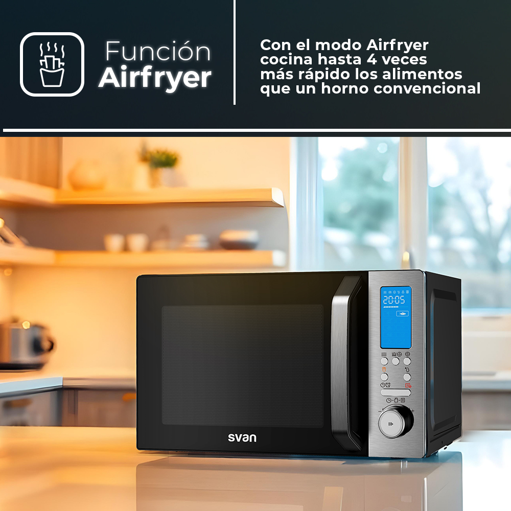 Microondas negro, con pantalla azul. El fondo es un entorno de cocina.