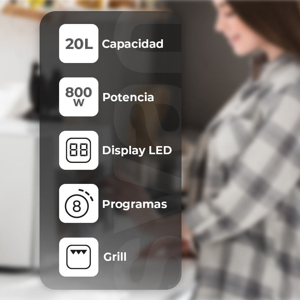 Imagen que muestra las características de un microondas: capacidad, potencia, pantalla LED, programas y función grill.