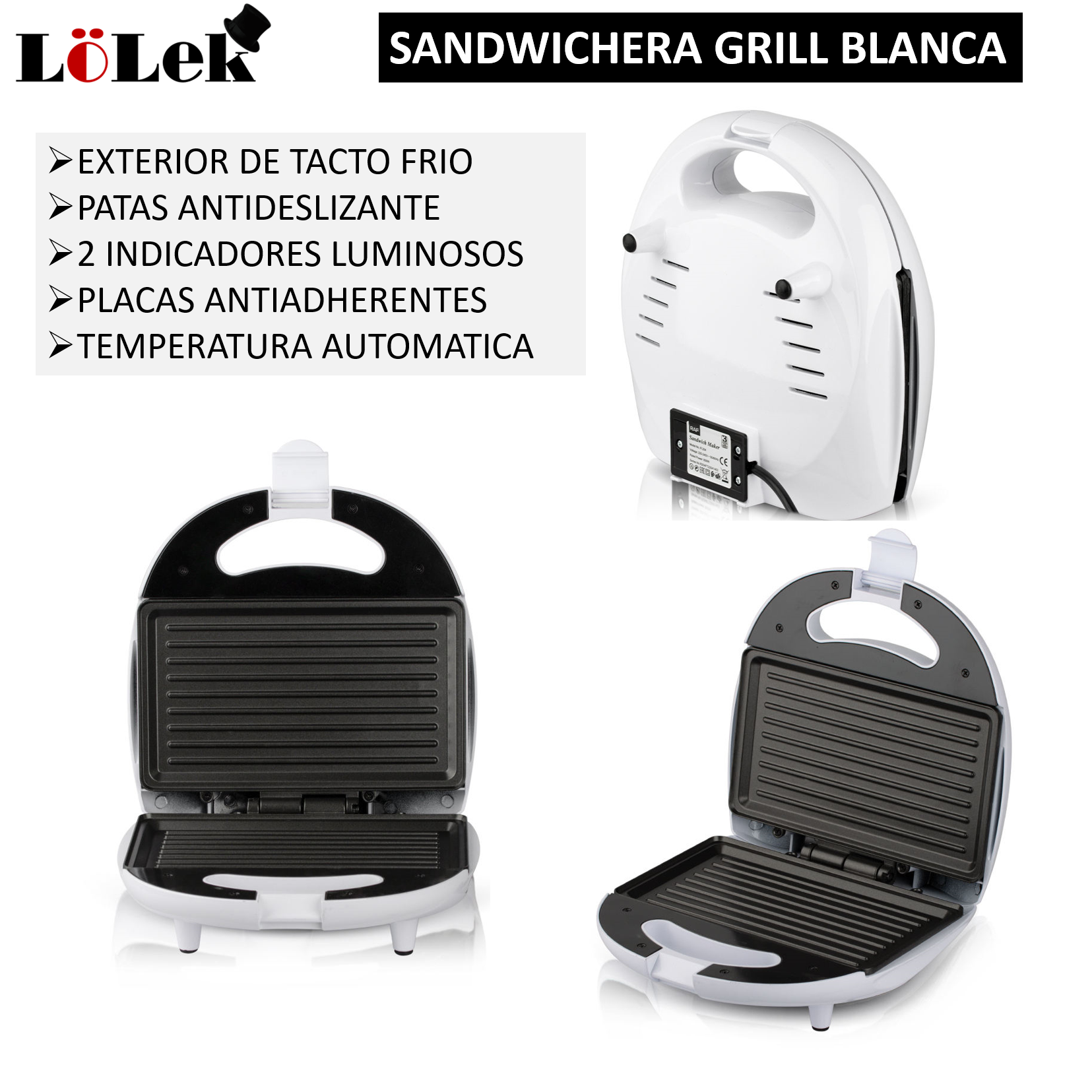 Múltiples vistas de una sandwichera blanca. Texto que enumera características como exterior frío y placas antiadherentes.