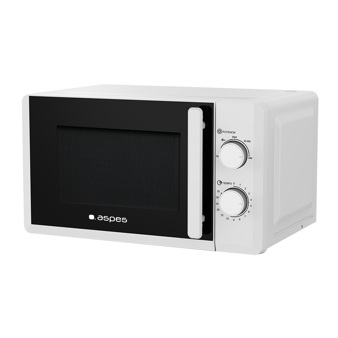 Horno microondas blanco con puerta negra y panel de control a la derecha. Logotipo de Aspes.