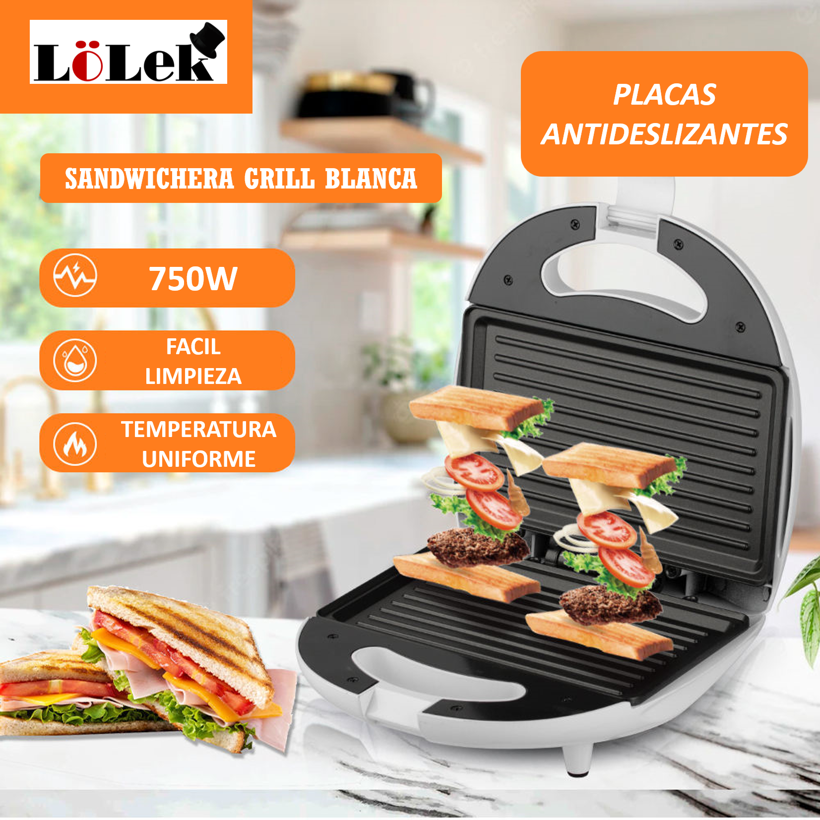 Sandwichera blanca con sándwiches dentro. El fondo es blanco.