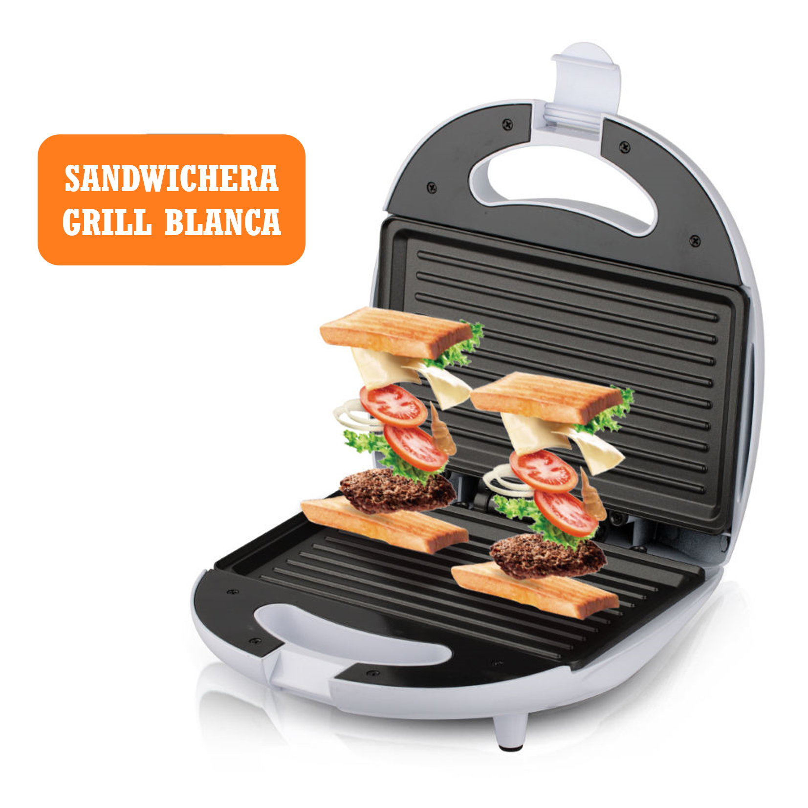 Sandwichera blanca con sándwiches dentro. El fondo es blanco.