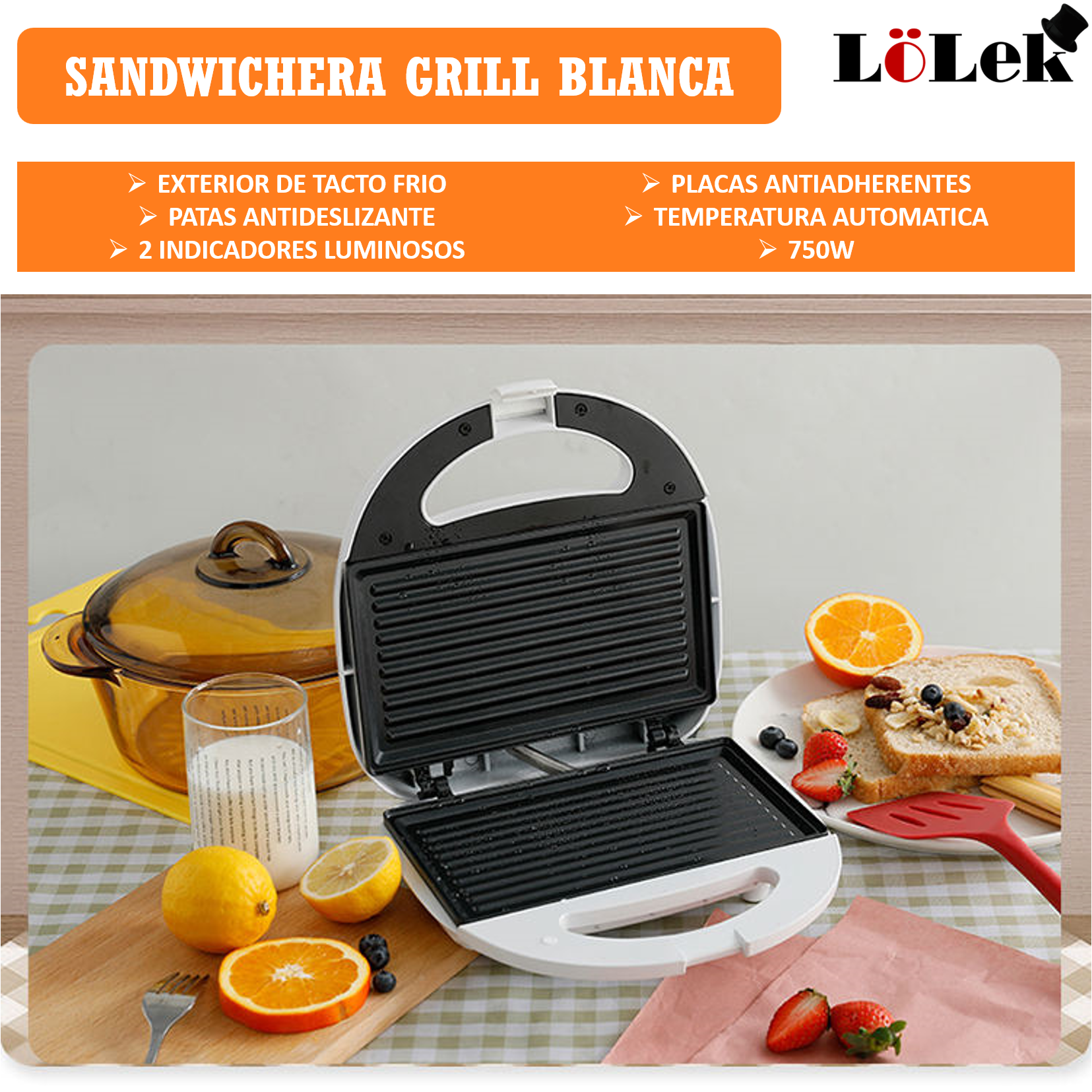 Sandwichera blanca abierta, con texto descriptivo. Hay un limón y un vaso de leche.
