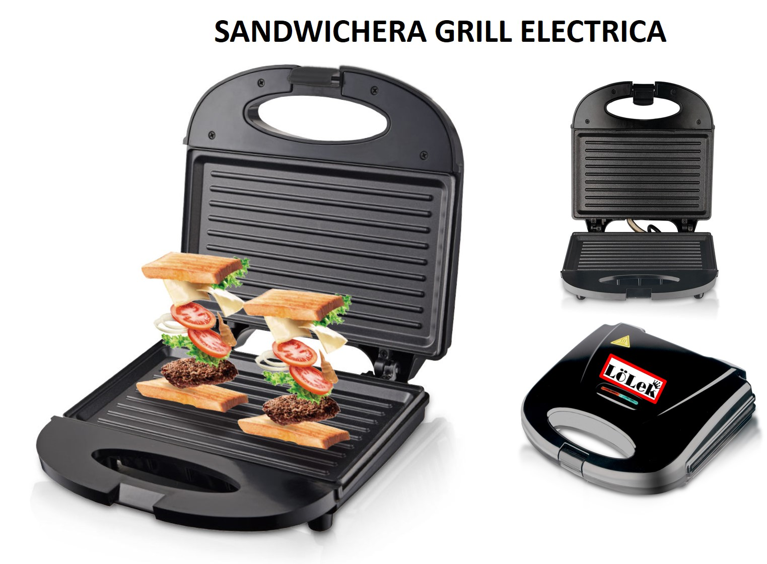 Tres imágenes de una sandwichera: abierta, cerrada y vista superior. La parrilla es negra.