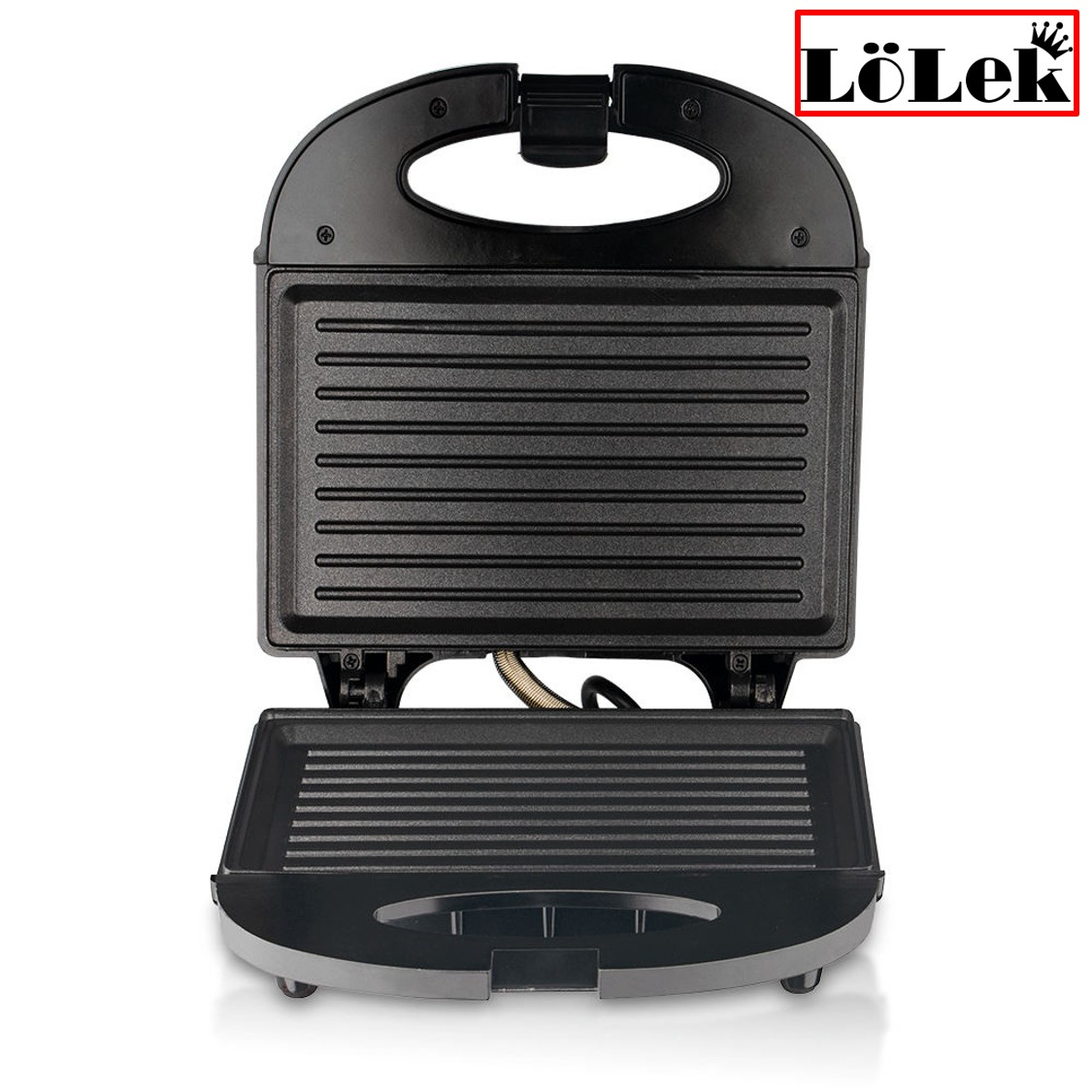 Sandwichera negra, abierta. El interior muestra las superficies para asar con un elemento calefactor metálico.