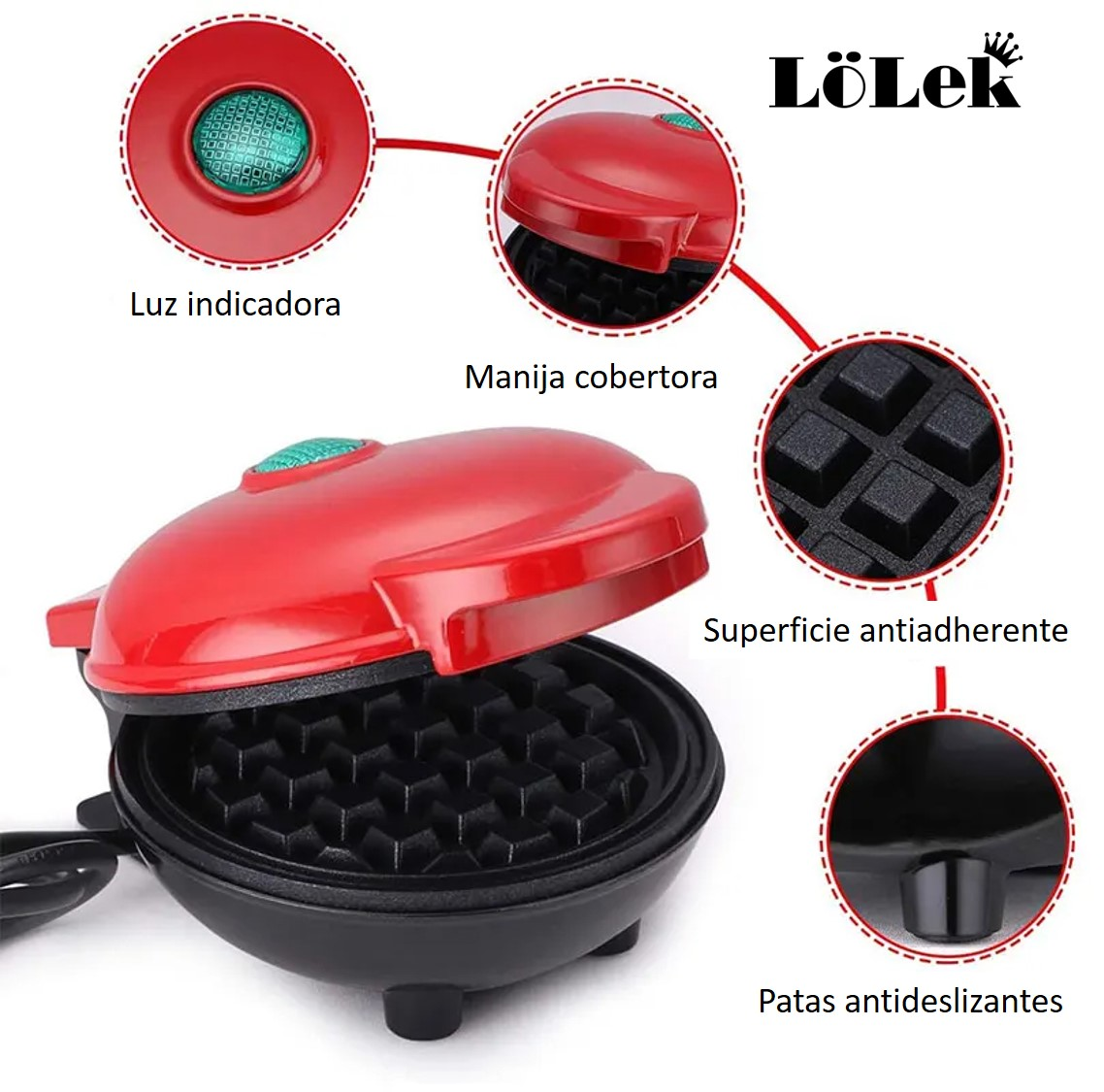 Una máquina de gofres roja con detalles señalados. La máquina está abierta y la superficie es antiadherente.