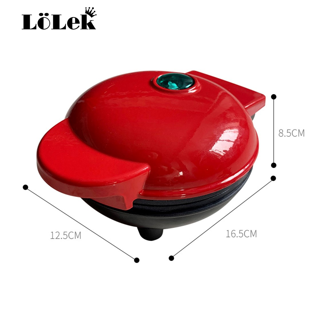 Gofre rojo con dimensiones. Es rojo con base negra y luz verde de encendido.
