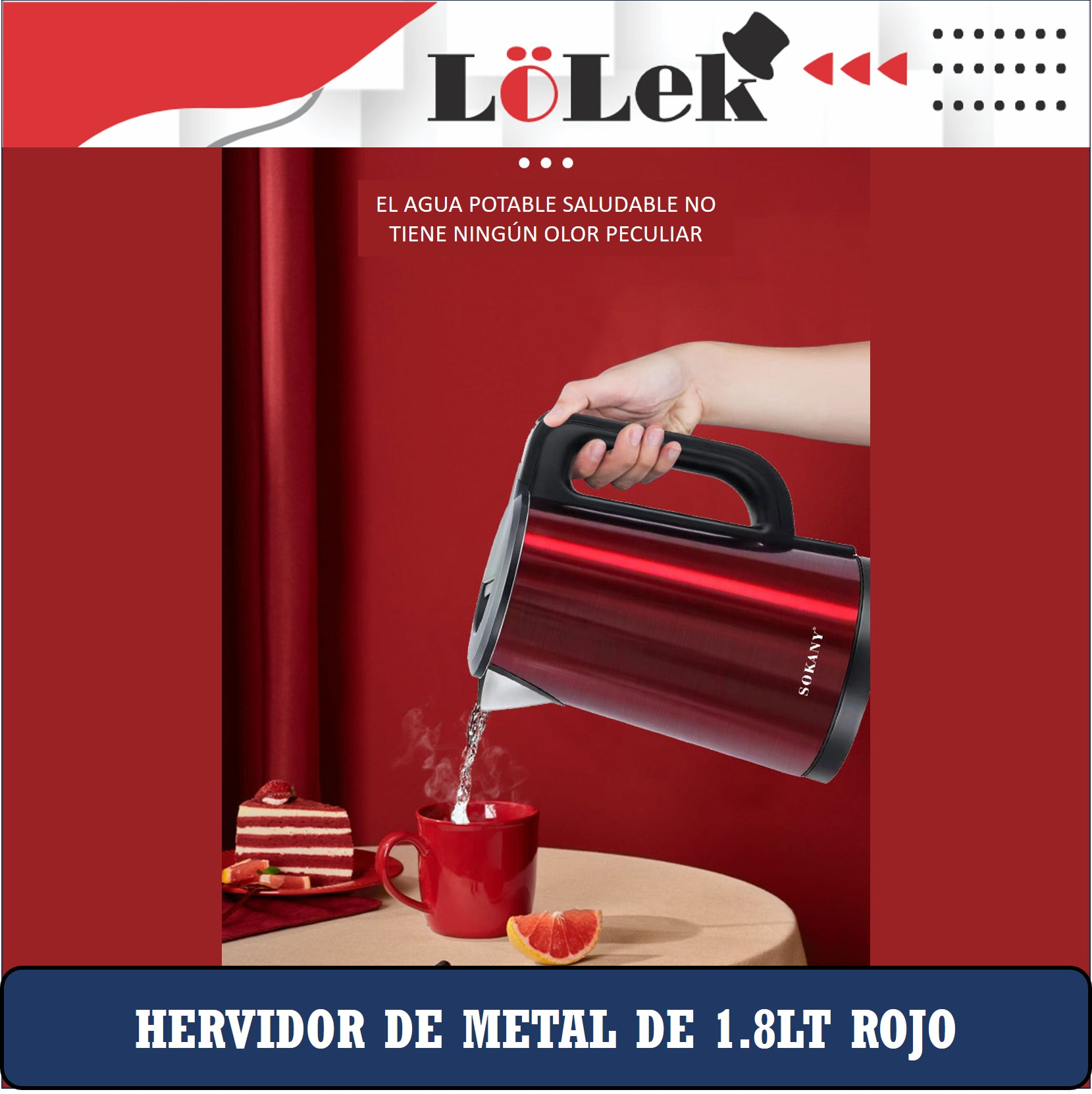 Hervidor de metal rojo vertiendo agua en taza roja. Rebanada de pastel y gajo de pomelo cerca de la taza.