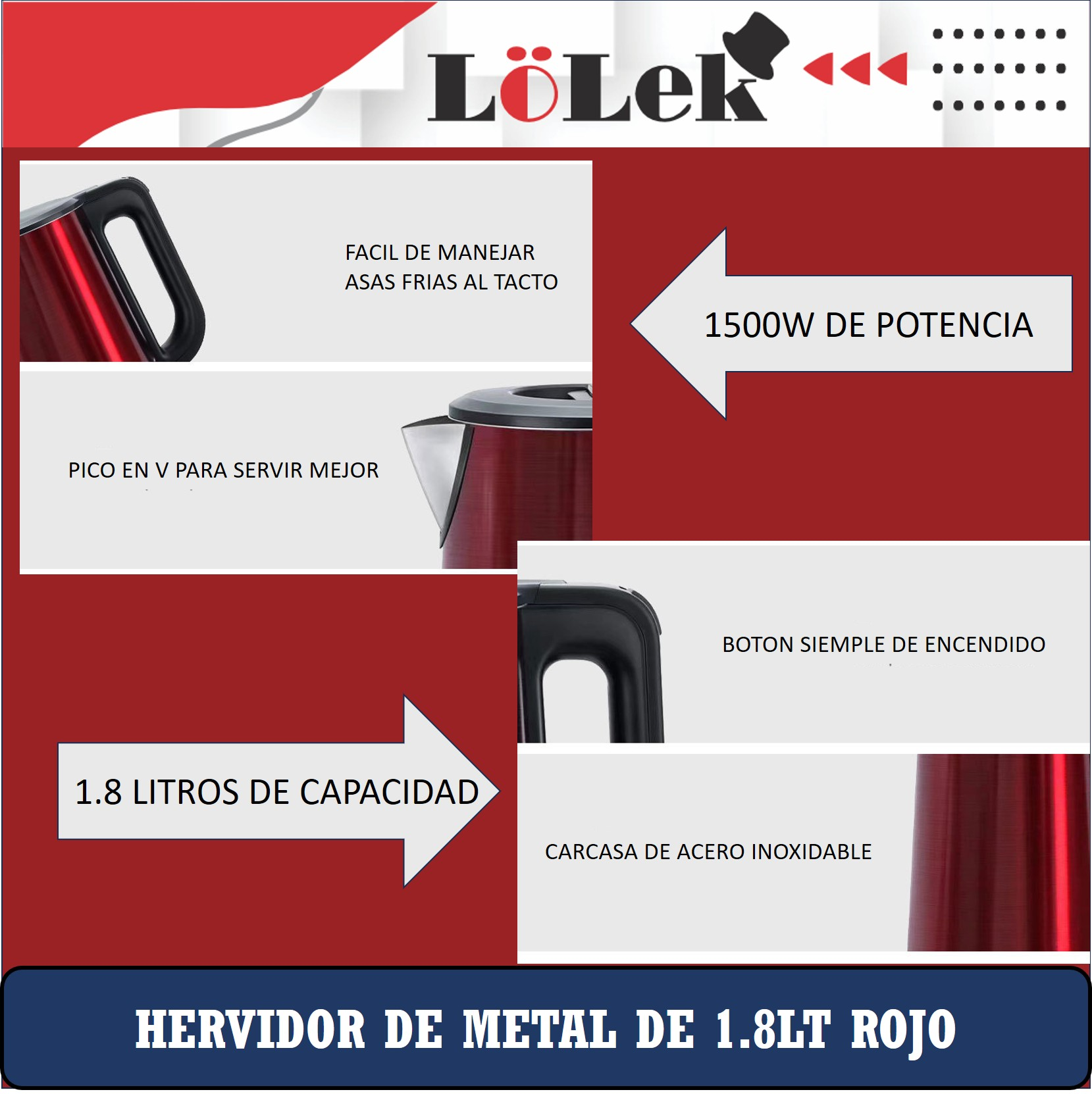 Hervidor eléctrico rojo con asa negra, etiquetas de texto sobre características y especificaciones.
