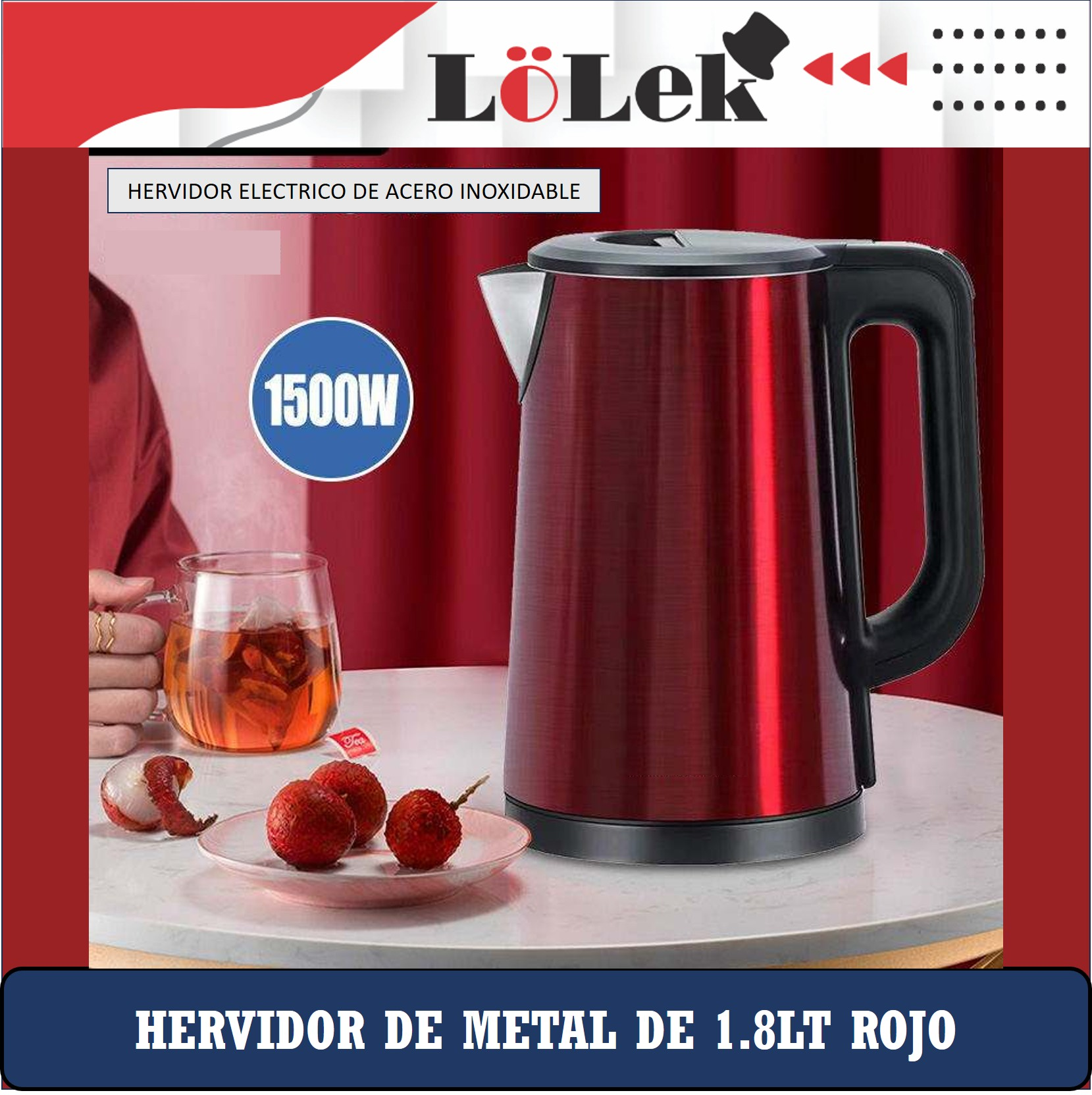 Un hervidor eléctrico rojo con asa negra. Una persona vierte té en un vaso.