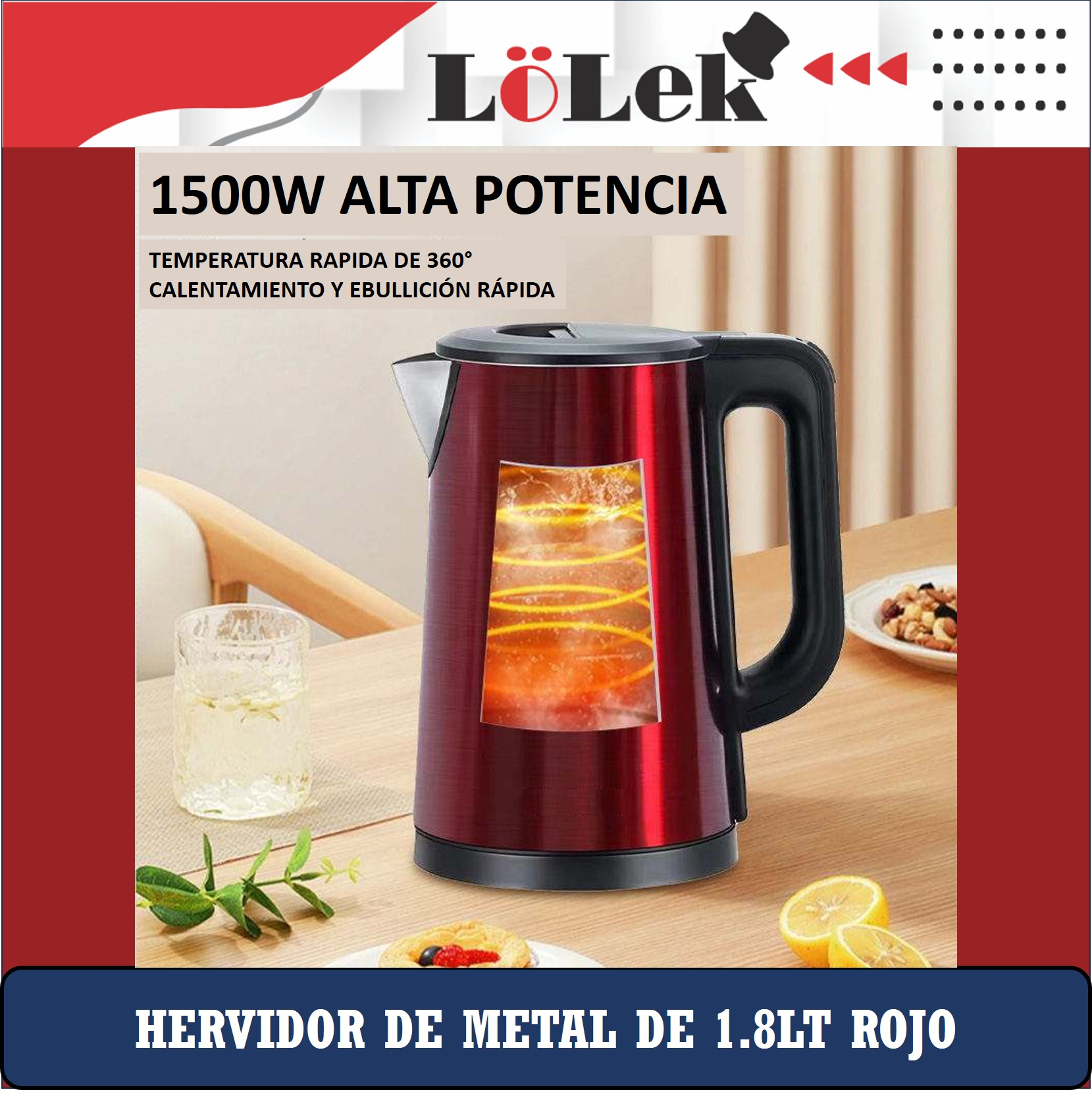 Una tetera eléctrica roja con un asa negra. La tetera tiene una ventana de cristal que muestra el interior iluminado.