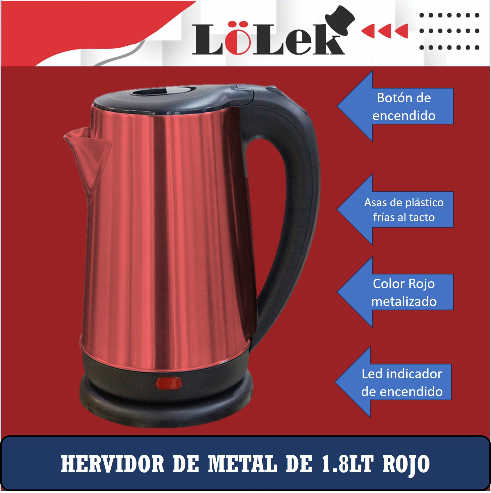 Hervidor eléctrico rojo metalizado con asa negra. Etiquetas de texto señalan las características.