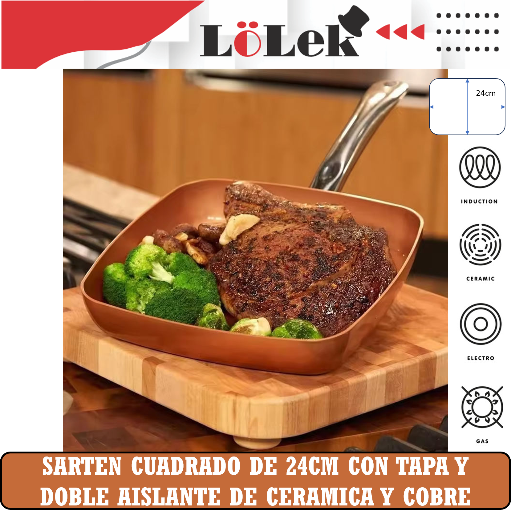 Sartén cuadrada de cobre con comida. Bistec y brócoli en tabla de madera. Iconos de inducción, cerámica y electro.