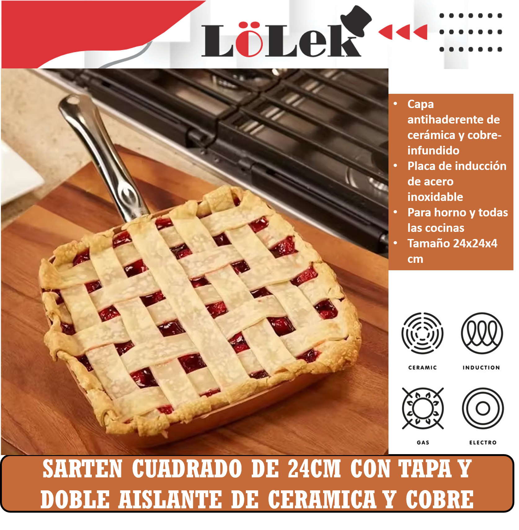 Una sartén cuadrada de cobre con una tarta con cubierta de rejilla. La sartén tiene un mango largo y está sobre madera.