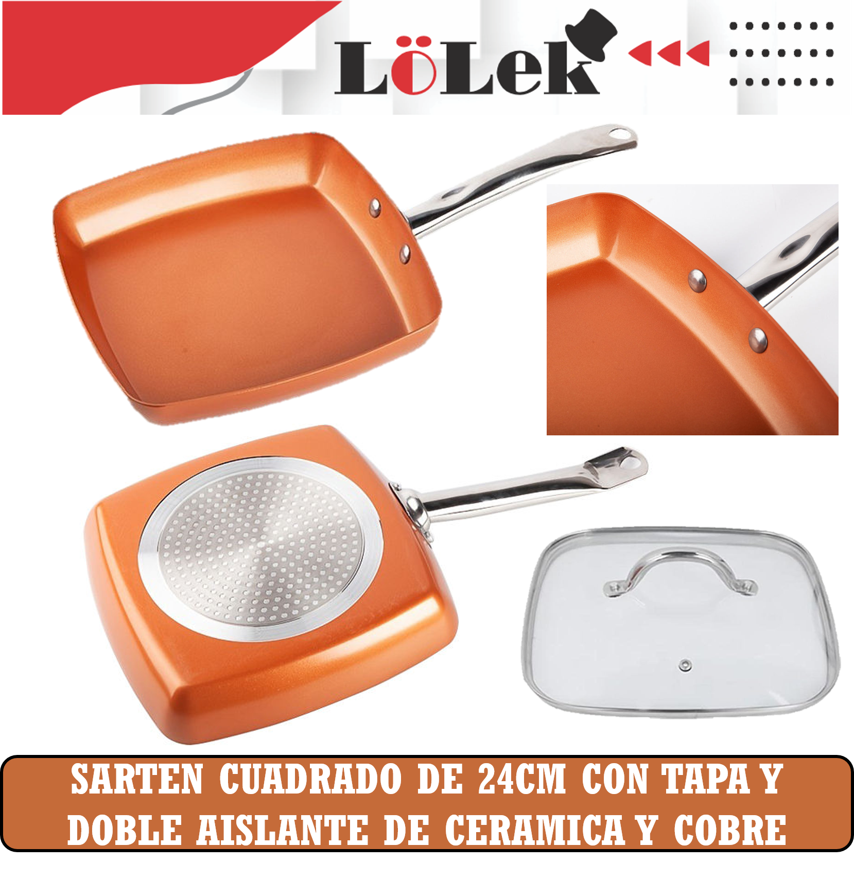 Una sartén cuadrada de cobre con tapa transparente y mango largo. Se ve la parte inferior de la sartén.