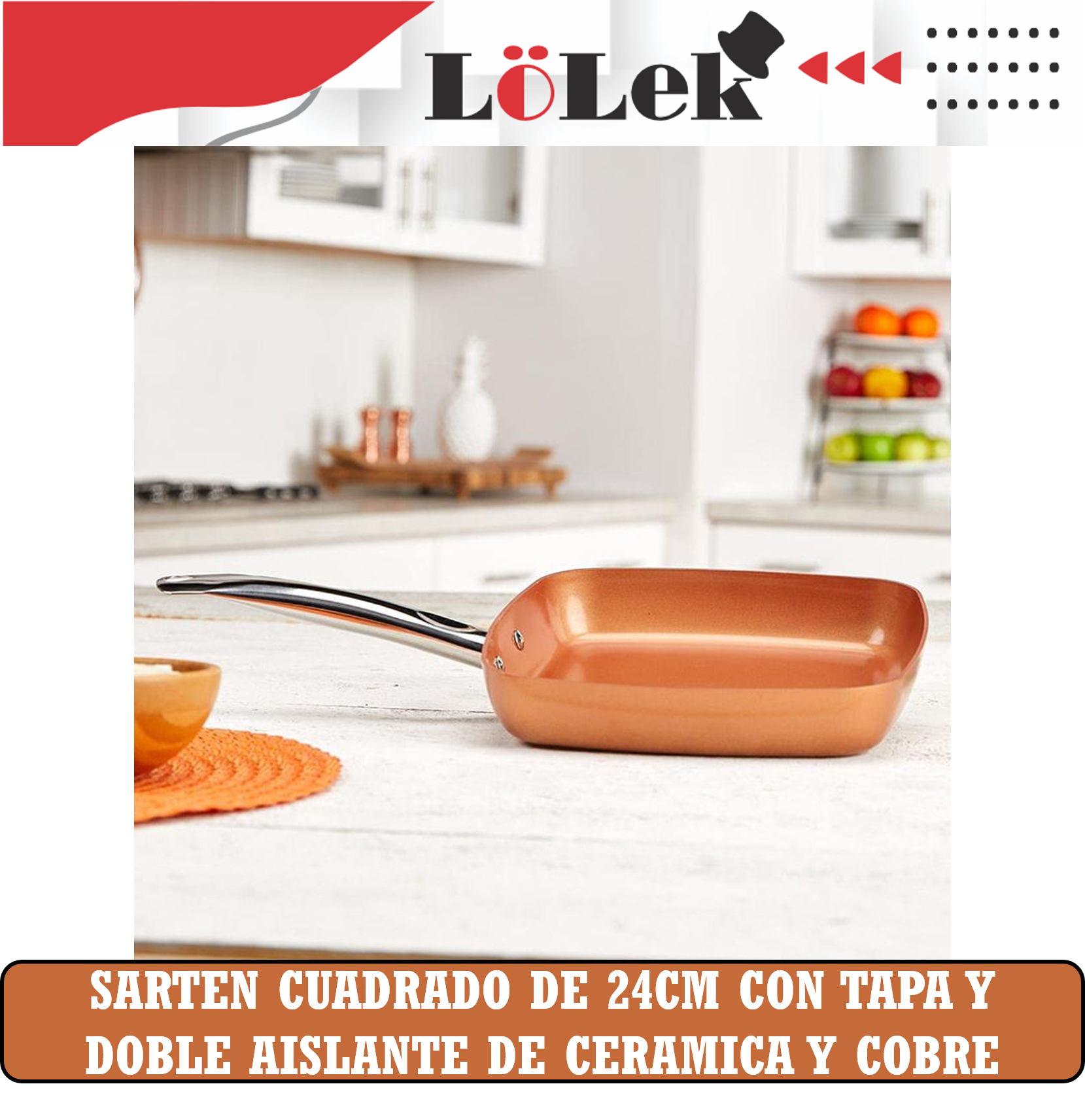 Sartén cuadrada de color cobre con tapa de cerámica y cobre de doble aislamiento. Hay una superficie de madera.