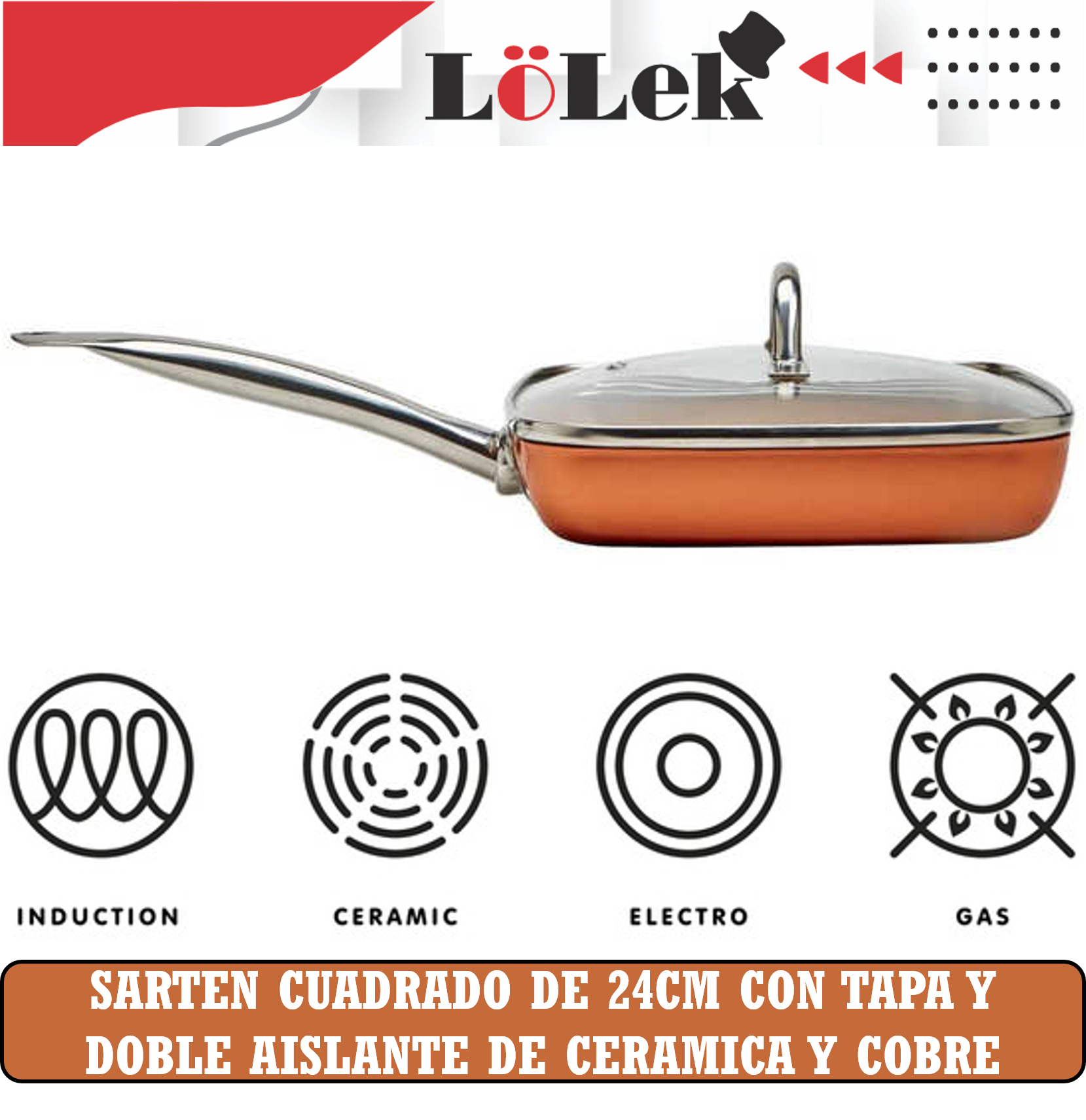 Una sartén cuadrada de cobre con tapa transparente y mango largo. Hay símbolos de diferentes métodos de cocción.