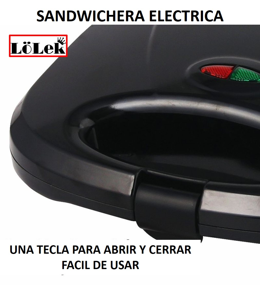 Una sandwichera negra. La tapa está cerrada. Se ven luces rojas y verdes.