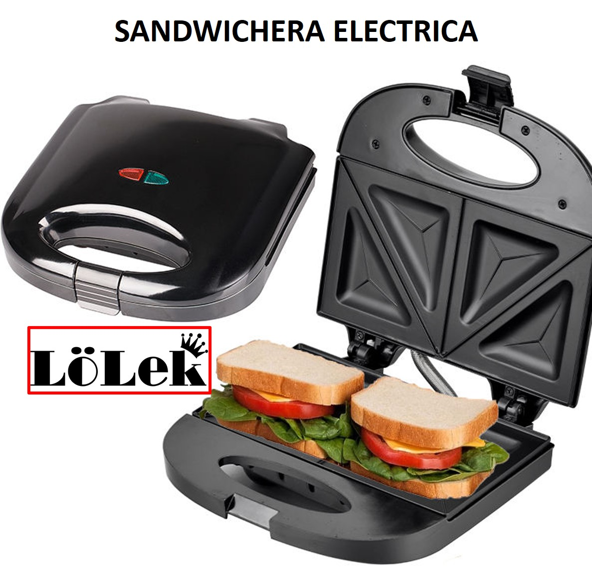 Sandwichera negra abierta con dos sándwiches de queso y tomate. Otra cerrada a la izquierda.
