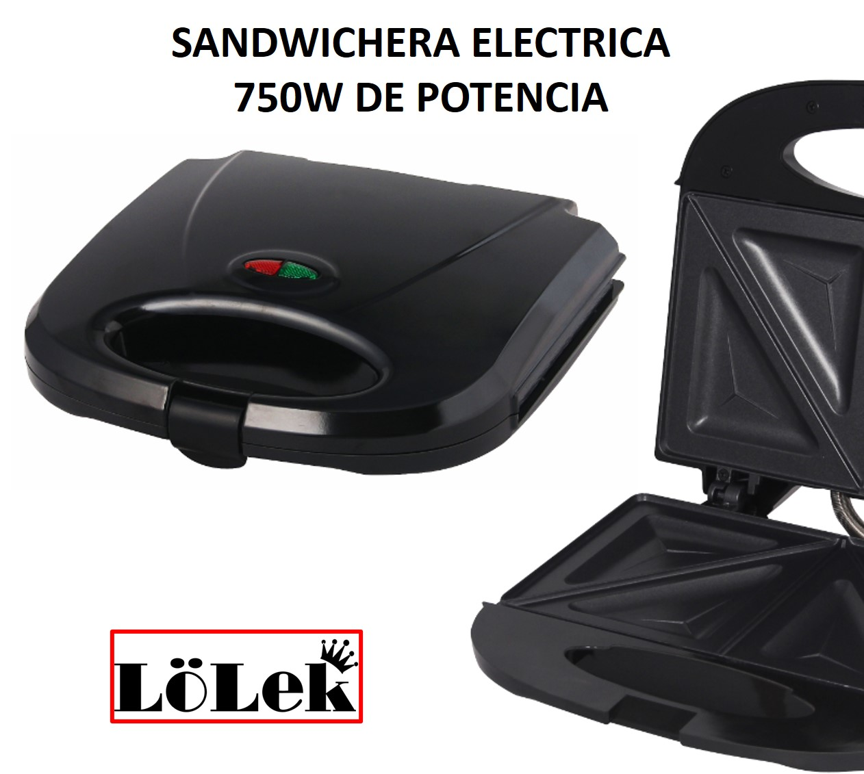 Una sandwichera negra, parcialmente abierta. El interior es visible. El logo está abajo a la izquierda.