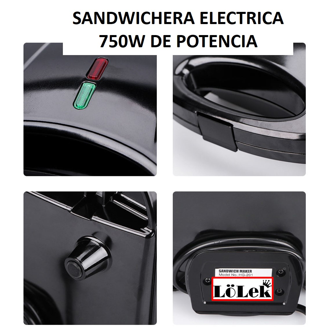 Primer plano de una sandwichera negra con etiquetas y botones. La máquina está cerrada en múltiples vistas.