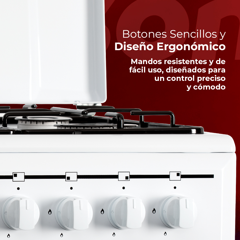 Primer plano de las perillas de control de un horno blanco. El texto dice: Perillas sencillas y diseño ergonómico.