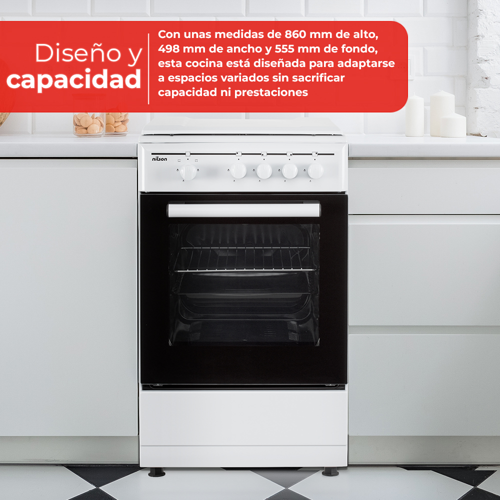 Un horno blanco con puerta, perillas y encimera negras. En un entorno de cocina con texto al lado.