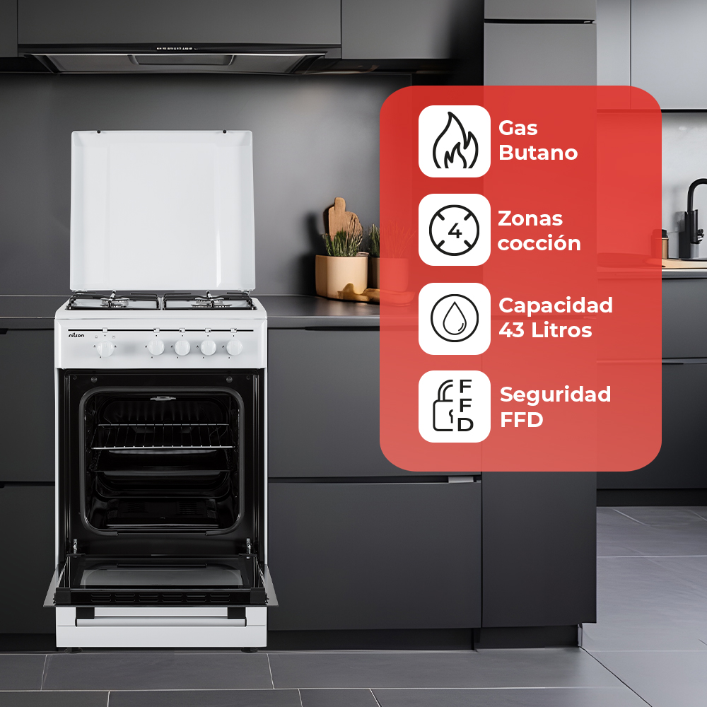 Un horno blanco con la puerta abierta. El fondo es una cocina negra moderna. Las superposiciones de texto indican características.