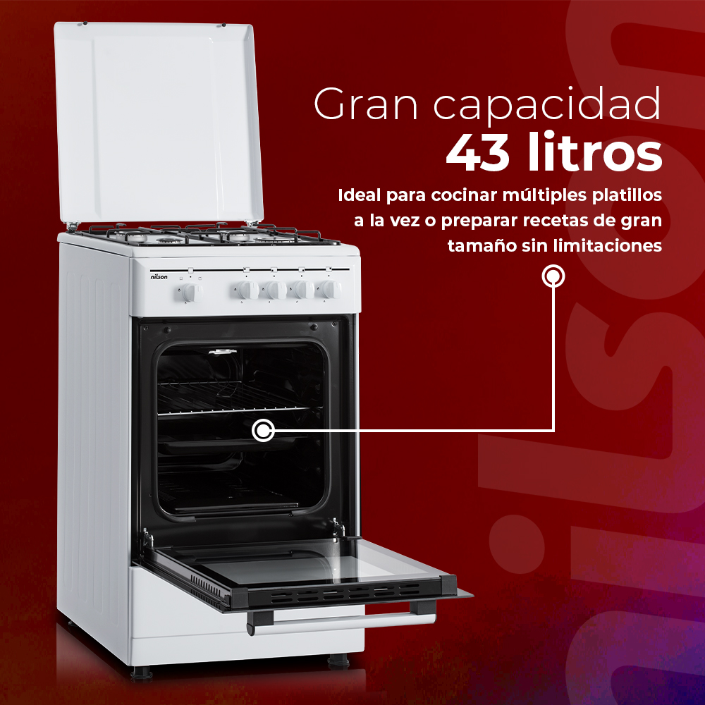 Un horno blanco con la puerta abierta. Superposición de texto dice: Gran capacidad 43 litros. Ideal para cocinar múltiples platos.