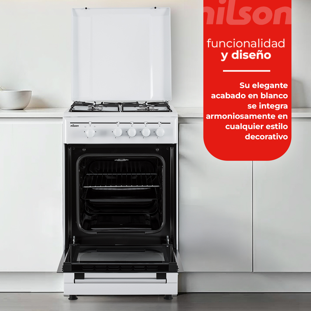 Un horno blanco con puerta abierta, perillas y quemadores. Un bloque de texto está en el lado derecho.
