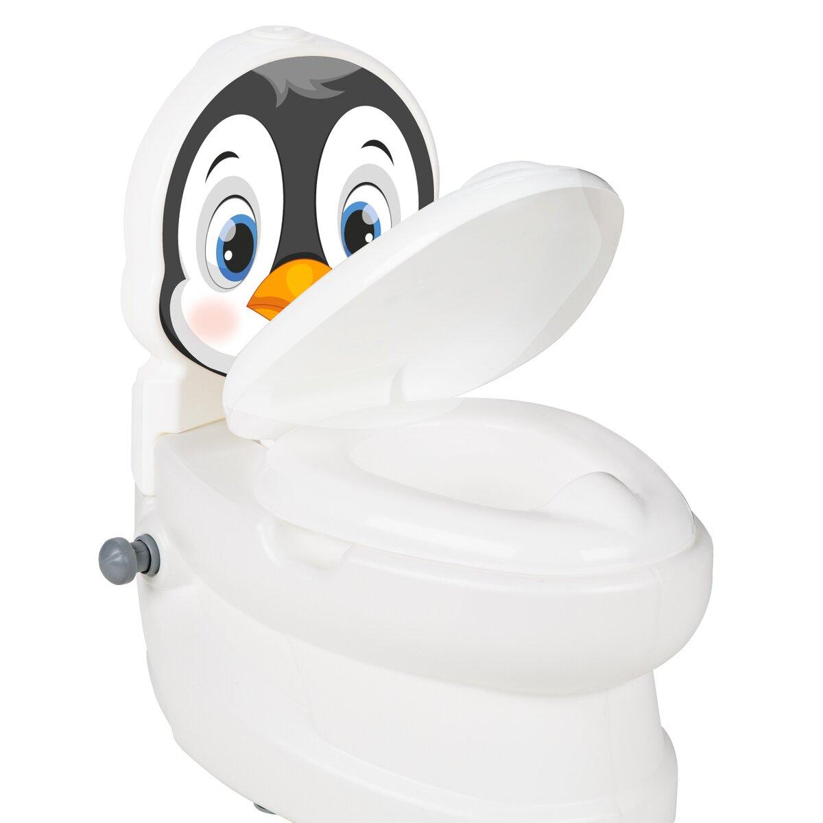 Eine weiße, pinguinförmige Töpfchen mit offenem Deckel. Das Gesicht des Pinguins befindet sich auf der Rückseite.