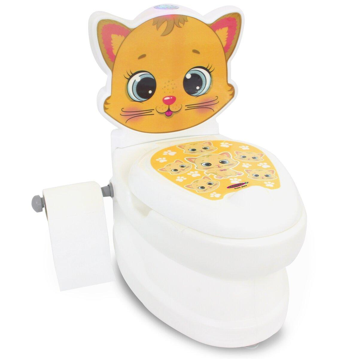 Ein weißes Töpfchen mit einem Zeichentrick-Katzenkopf auf der Rückseite. Eine Toilettenpapierrolle ist an der Seite.