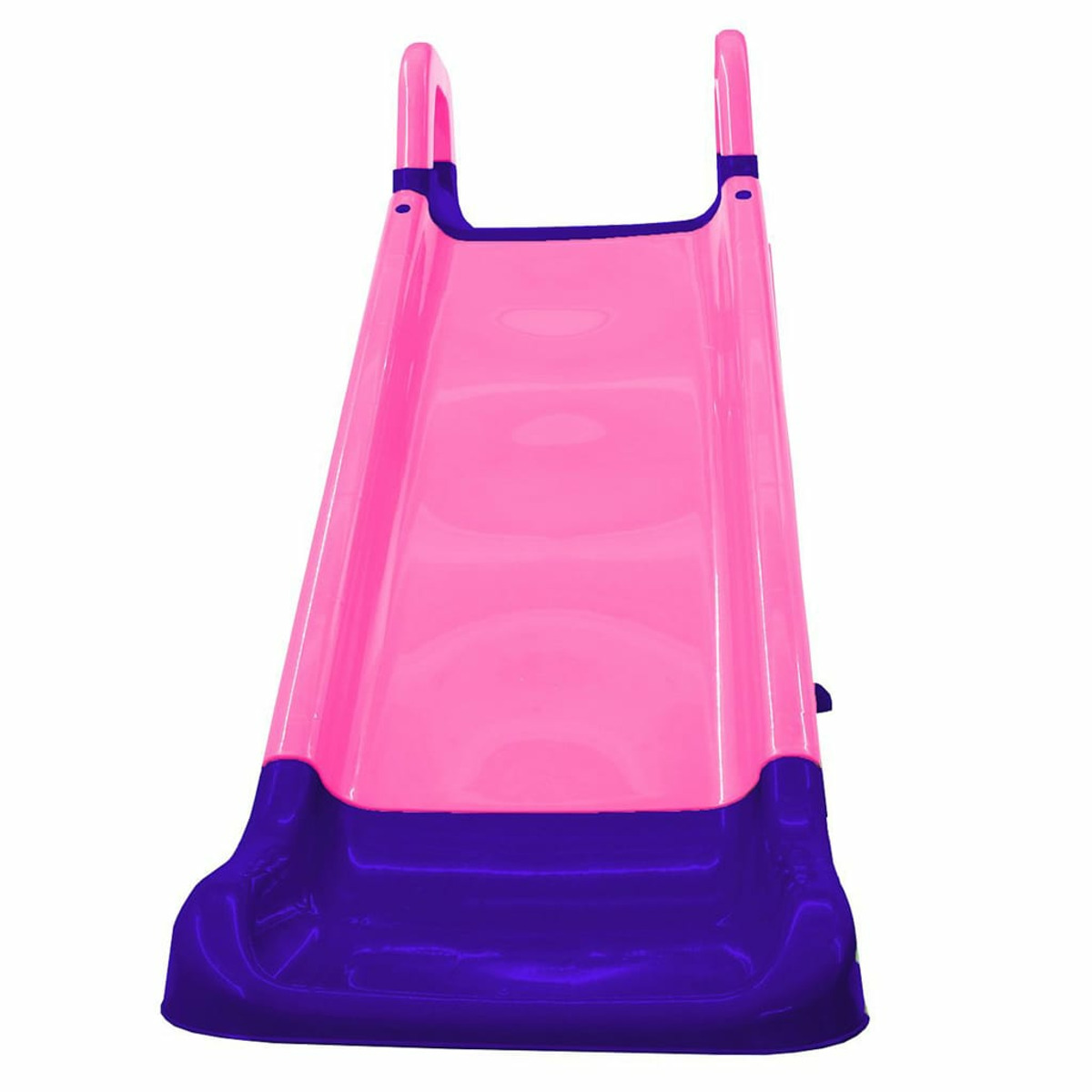 Uno scivolo per bambini rosa. Lo scivolo è visto dall'alto, mostrando la superficie.
