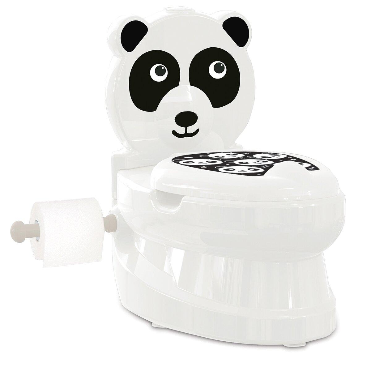 Weiße Töpfchen in Pandaform mit einer Toilettenpapierrolle. Der Panda hat schwarze Ohren und Augen.