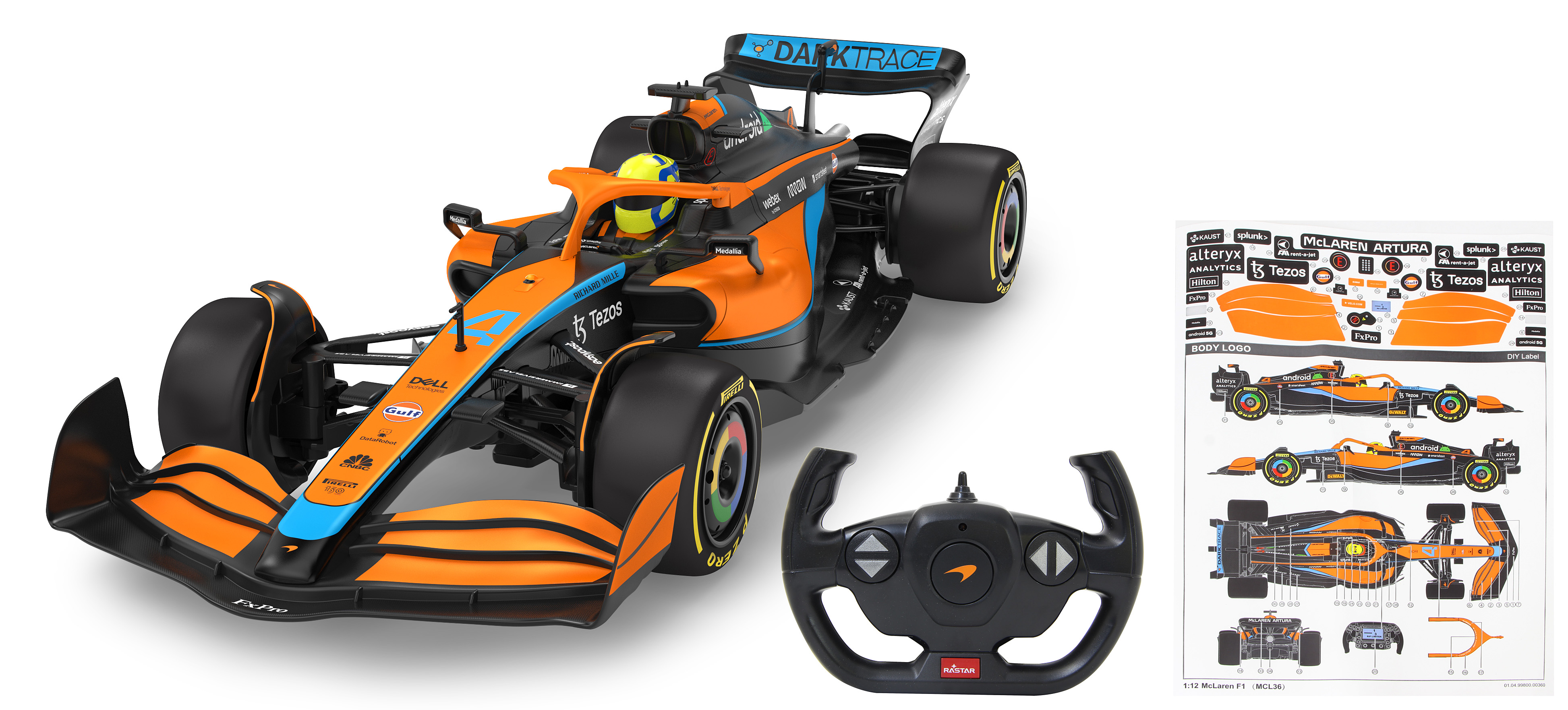 Ein Spielzeug McLaren F1-Auto mit Fernbedienung und Aufkleberbogen. Das Auto ist orange und blau mit Sponsorenlogos.