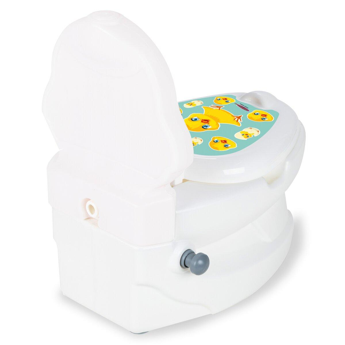 Weißer Kindertopf mit Entenaufklebern, mit offenem Deckel und einem seitlichen Verstellknopf.