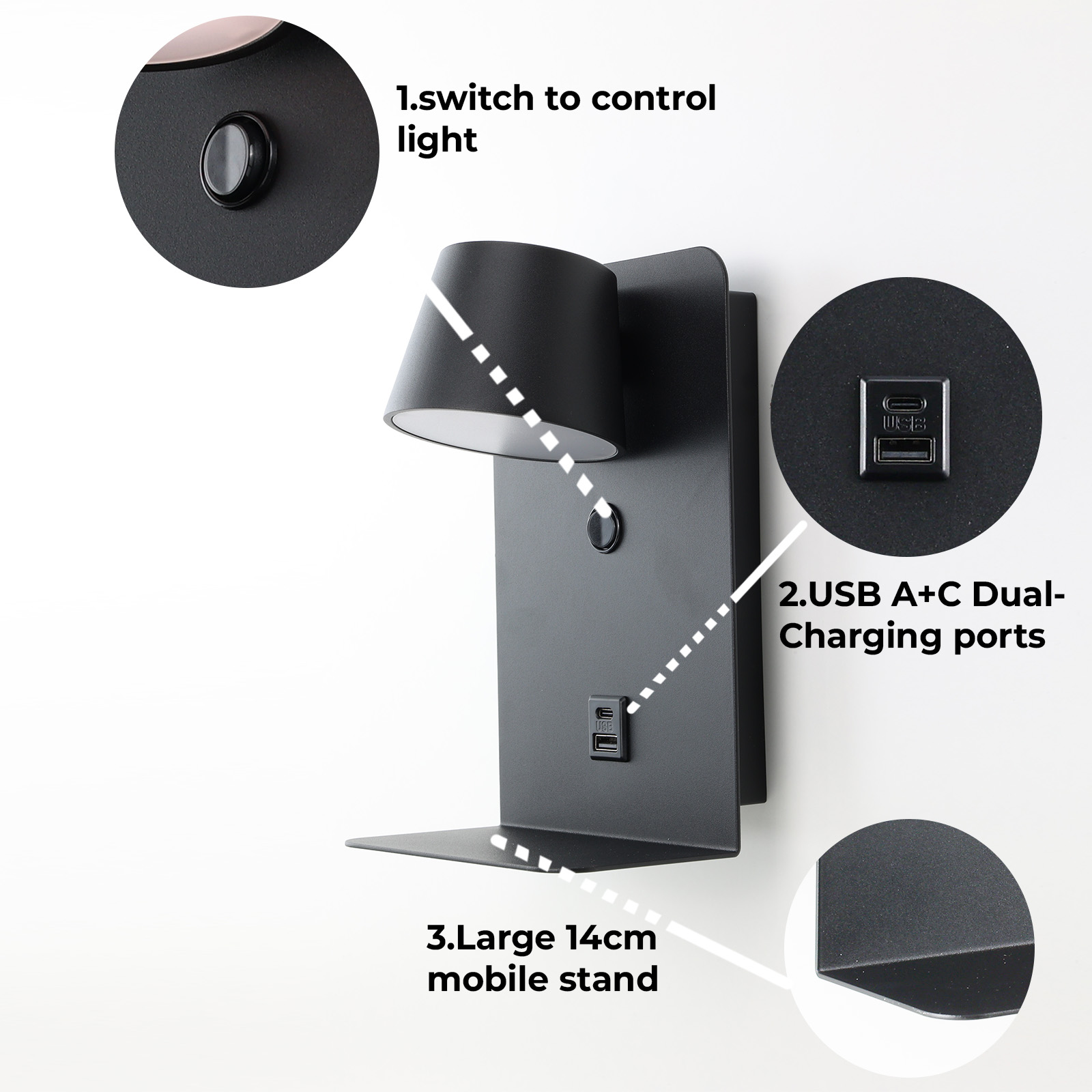 Lámpara de pared negra con repisa, botón y dos puertos USB. La lámpara tiene una pantalla cónica.