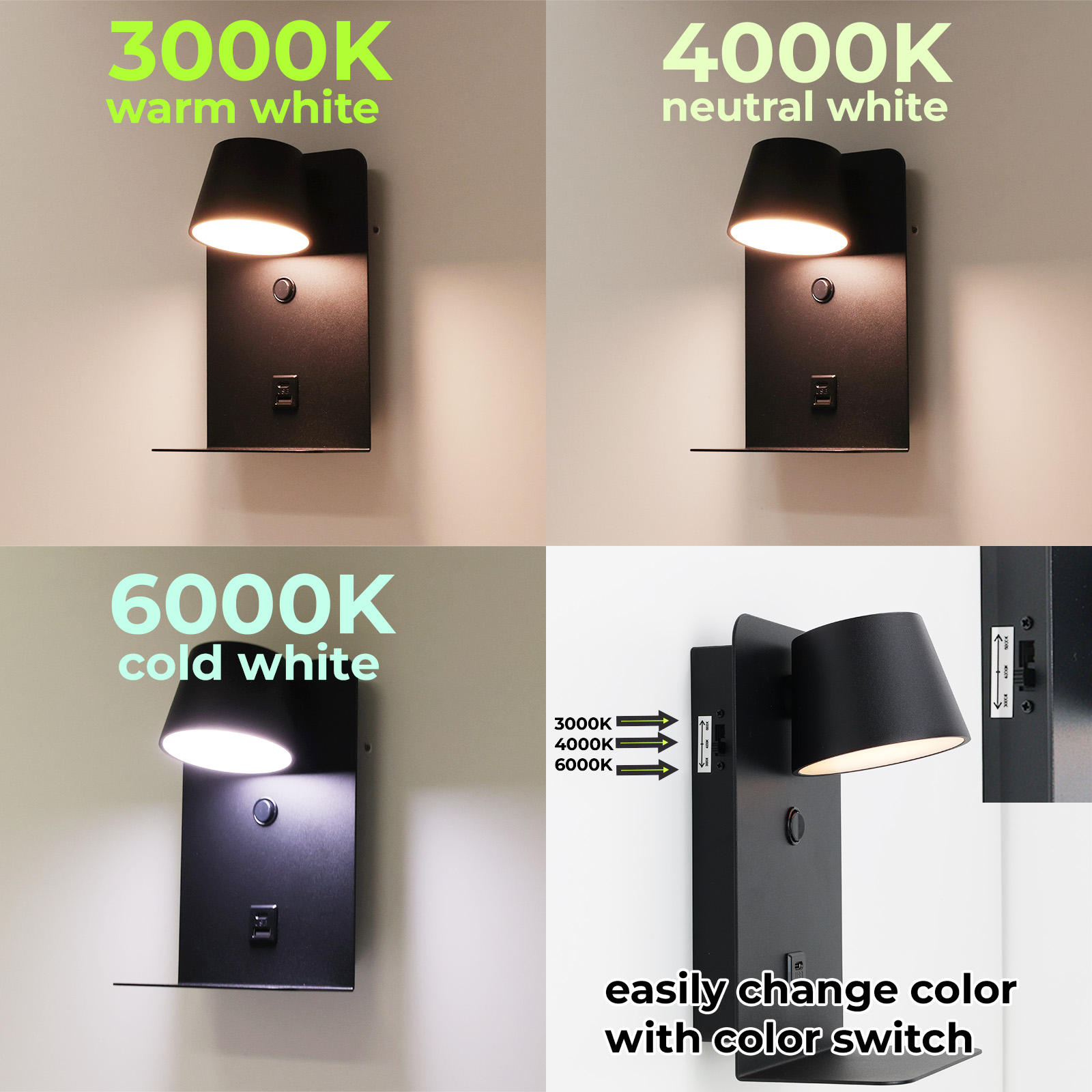 Cuatro imágenes que muestran una lámpara de pared negra y sus funciones de cambio de color. Tiene 3 ajustes.