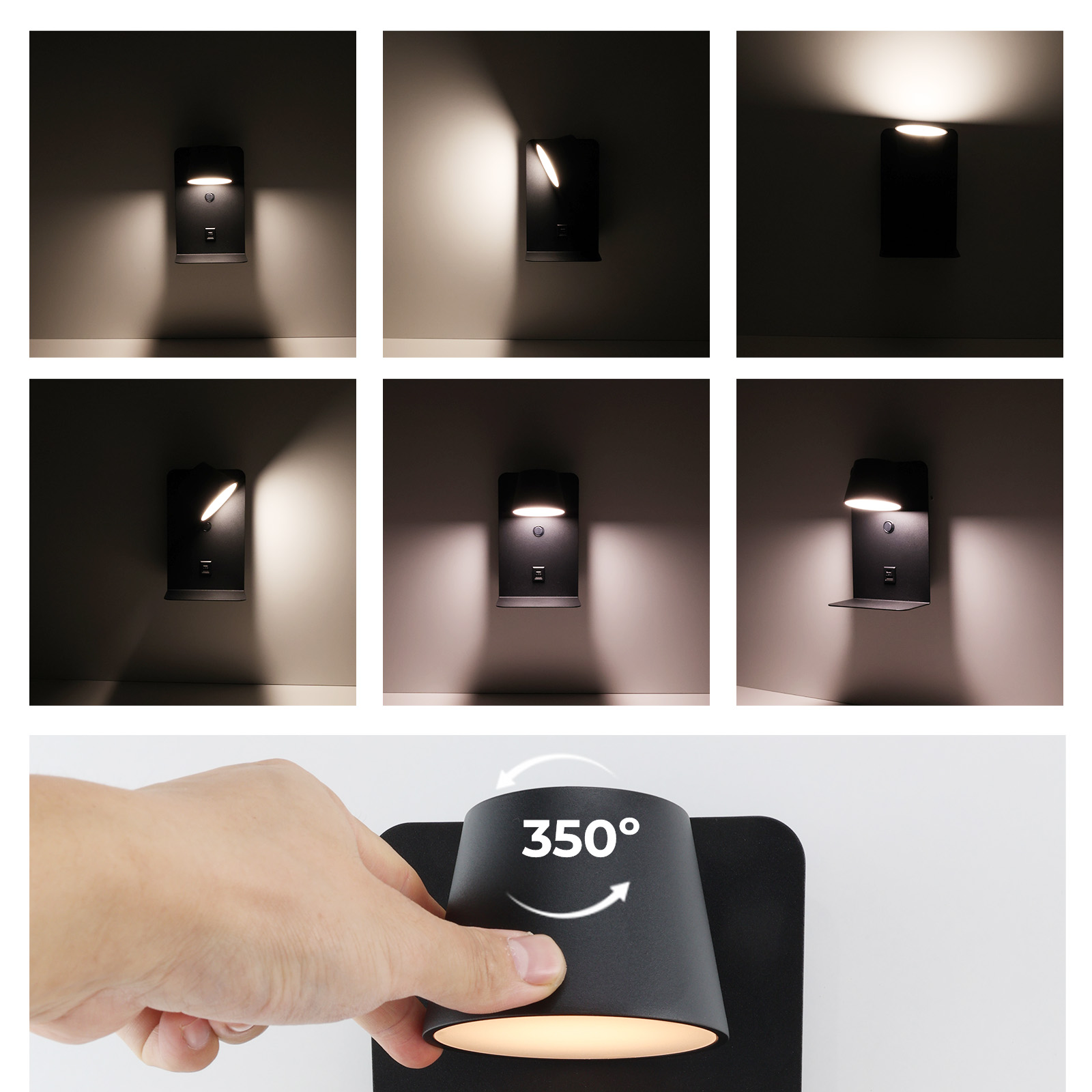 Lámpara de pared negra con pantalla ajustable, emitiendo luz. Una mano gira la pantalla, indicando rotación de 350 grados.