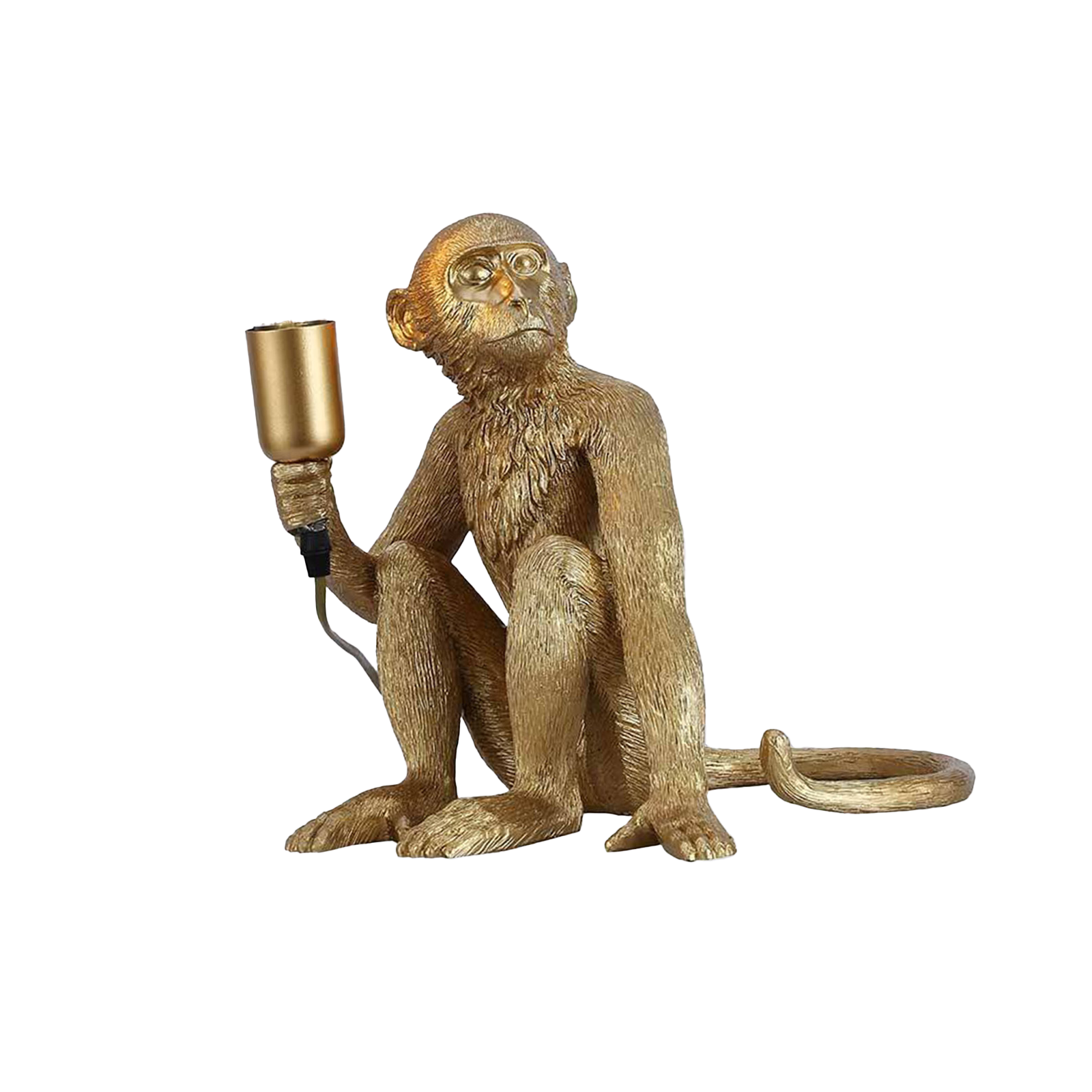 Una estatua dorada de un mono sosteniendo un portalámparas, lista para una bombilla. Sentado, acabado dorado, fondo blanco.