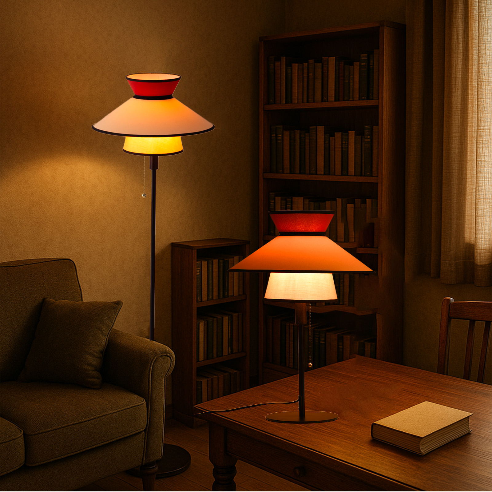 Una lámpara de pie y una lámpara de mesa con un diseño único. La escena es una habitación con estantería y muebles, acogedora.