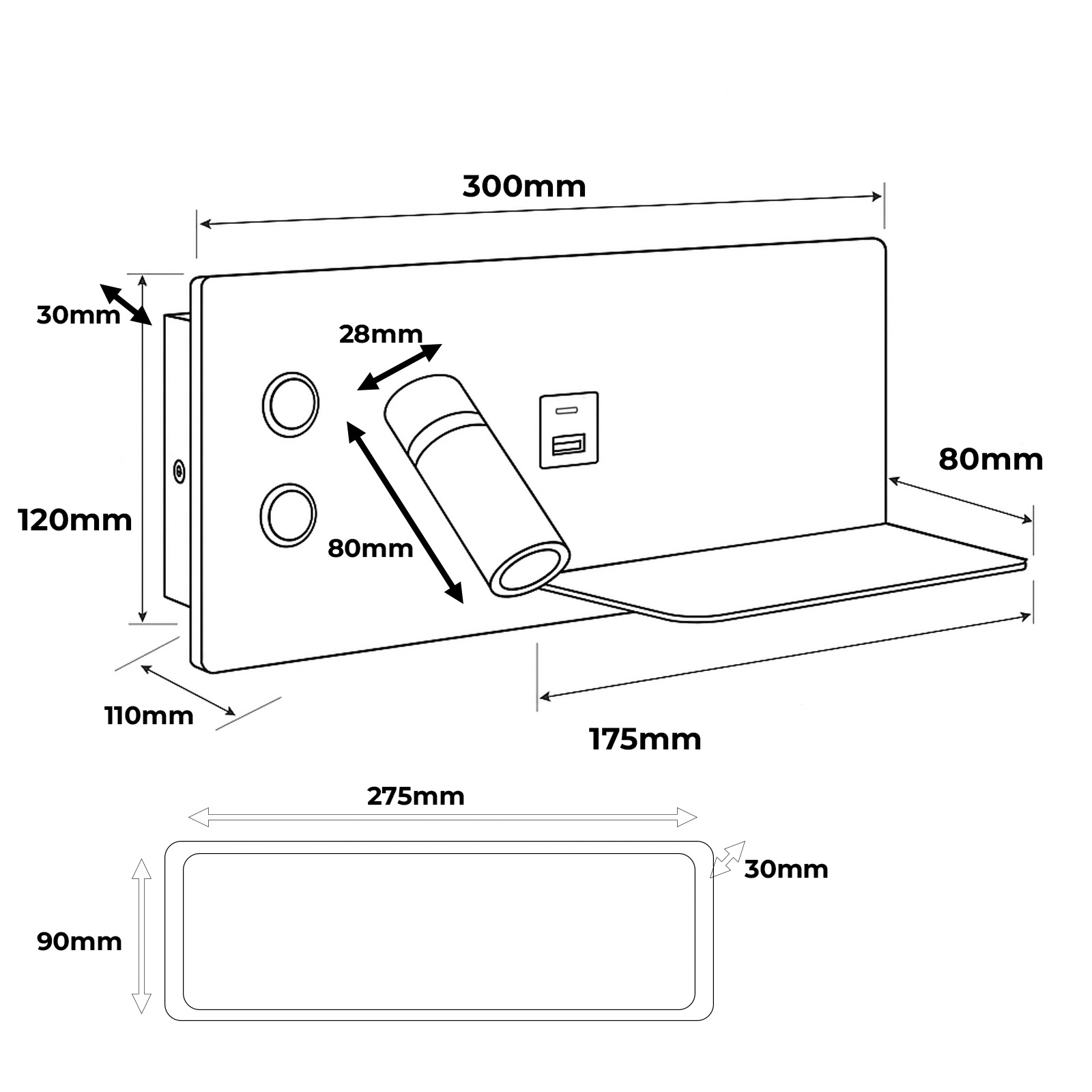 Diagrama de una lámpara de pared con dimensiones y un rectángulo separado.