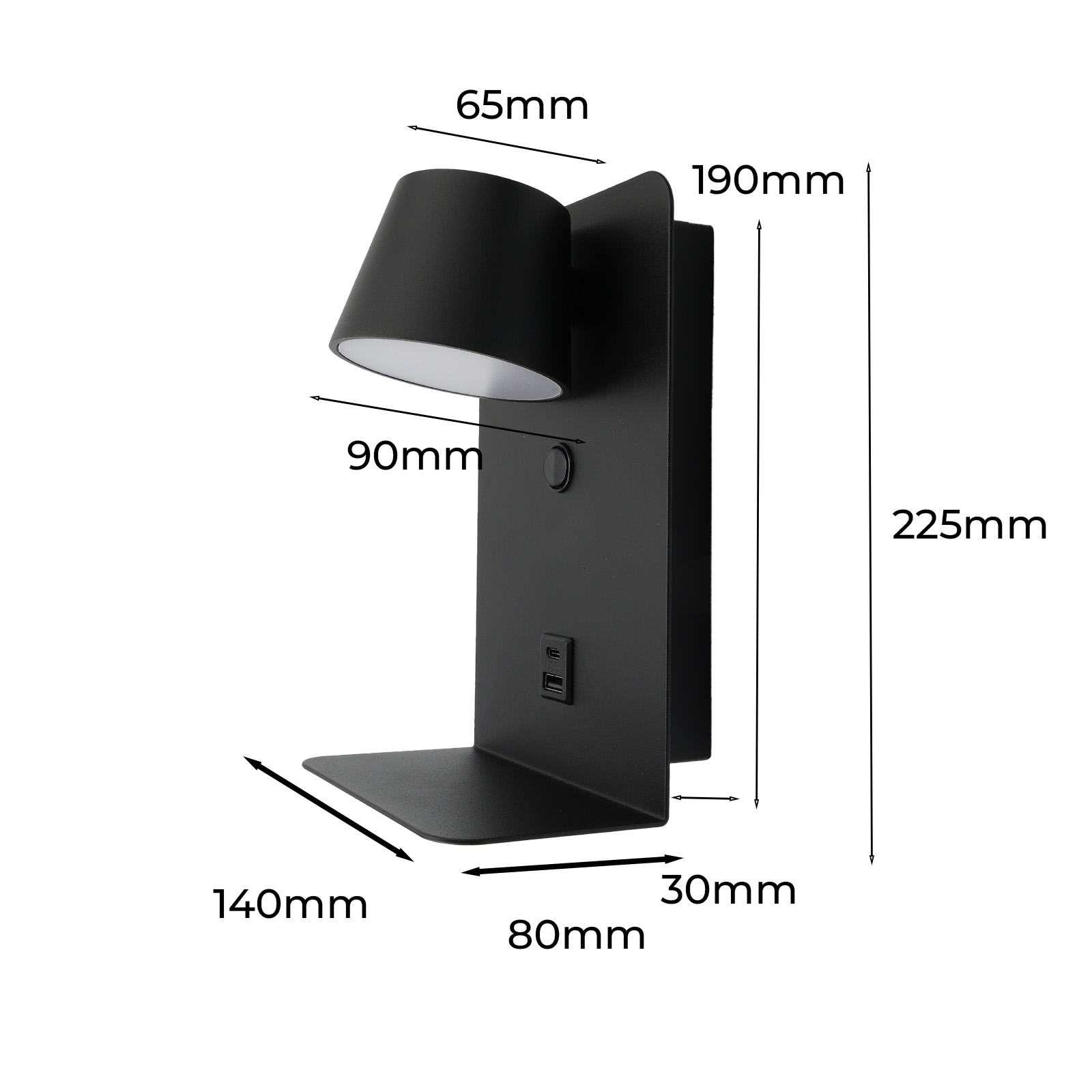 Una lámpara de pared negra con estante, dimensiones y puerto USB, aislada en blanco.