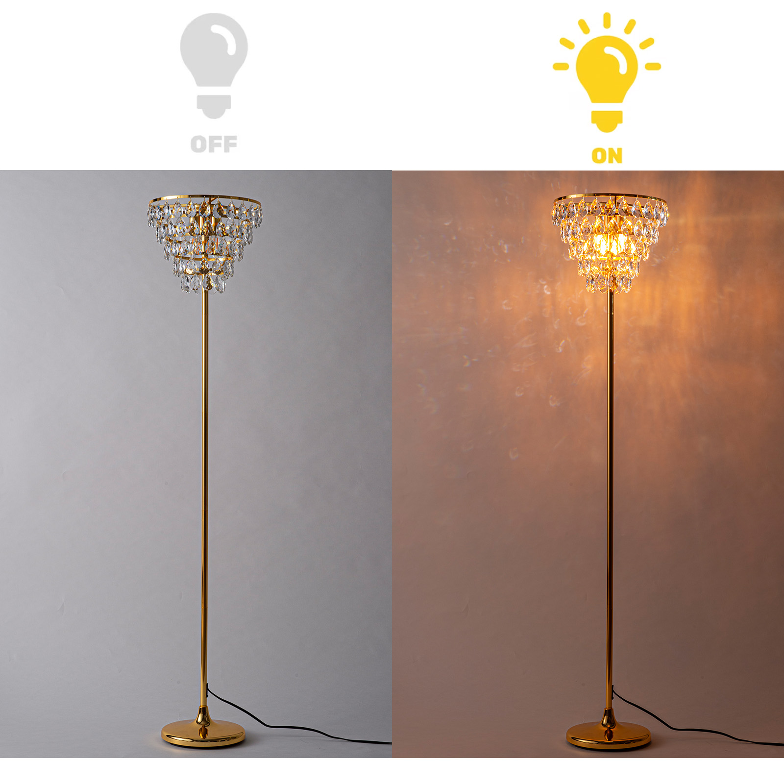 Una lámpara de pie dorada con una parte superior estilo candelabro de cristal, encendida y apagada, sobre fondo gris.