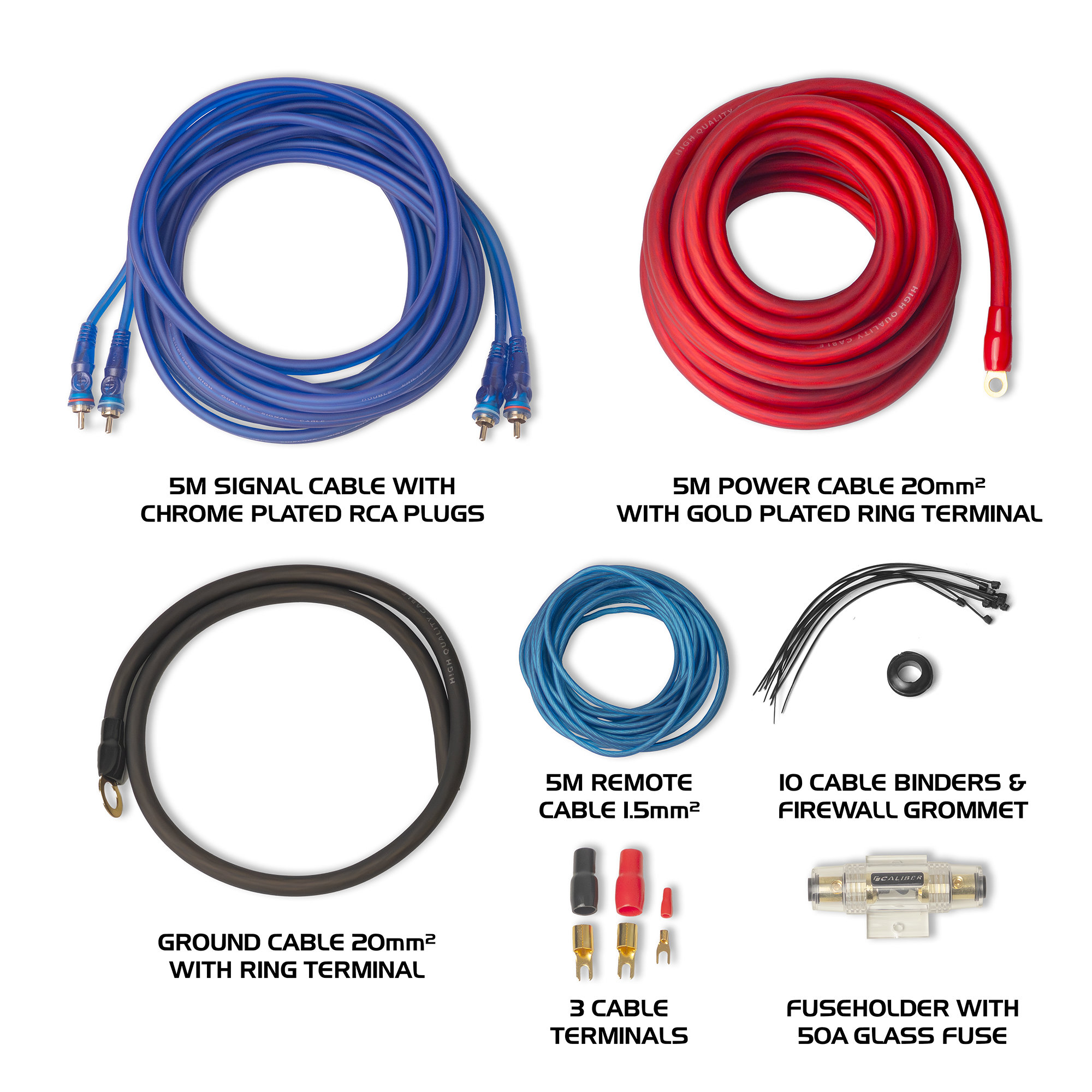 Kabel und Anschlüsse: blaues Signalkabel, rotes Stromkabel, schwarzes Massekabel, Klemmen, Sicherung.