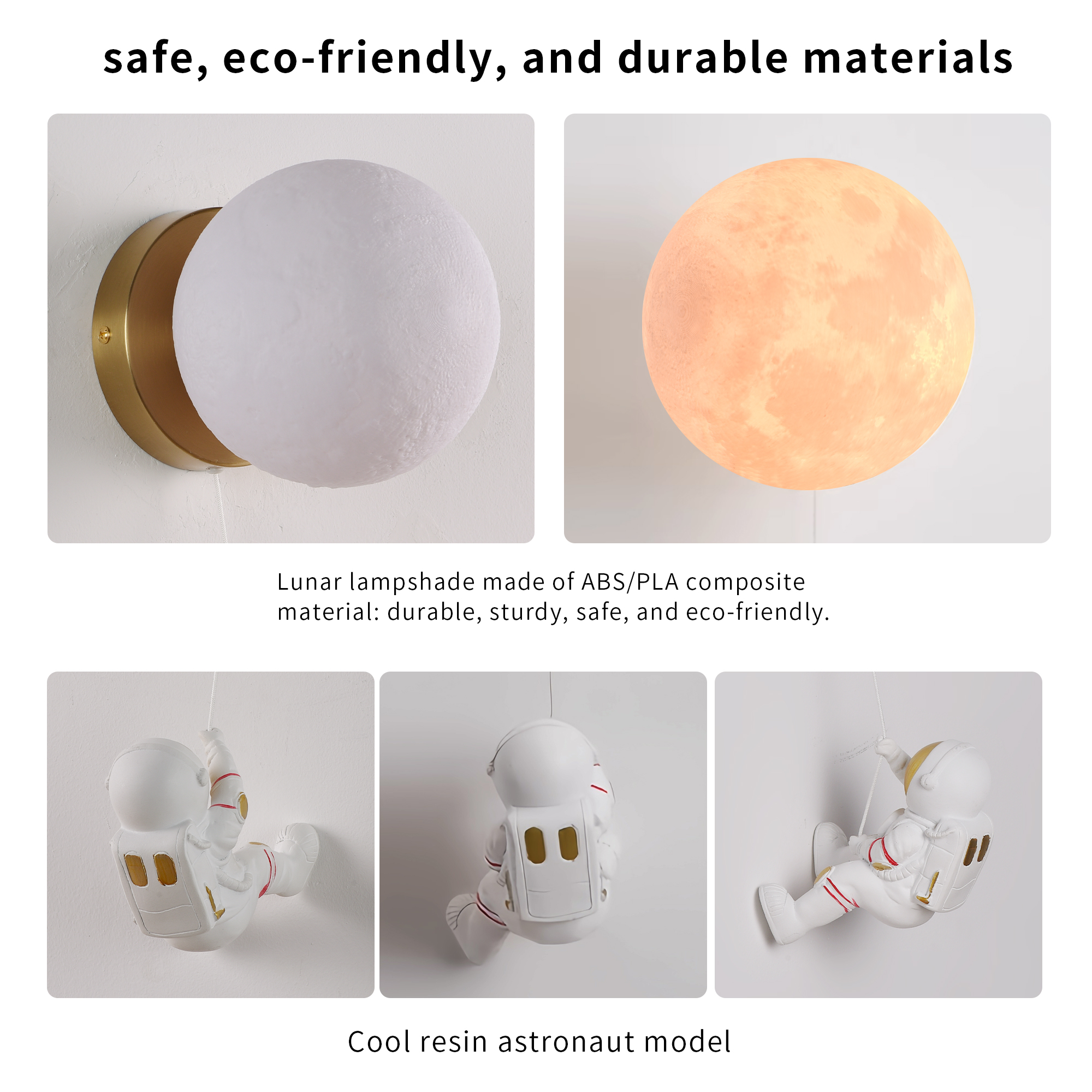 Una lámpara de pared con una luz en forma de luna y un modelo de astronauta de resina, con texto que describe los materiales.