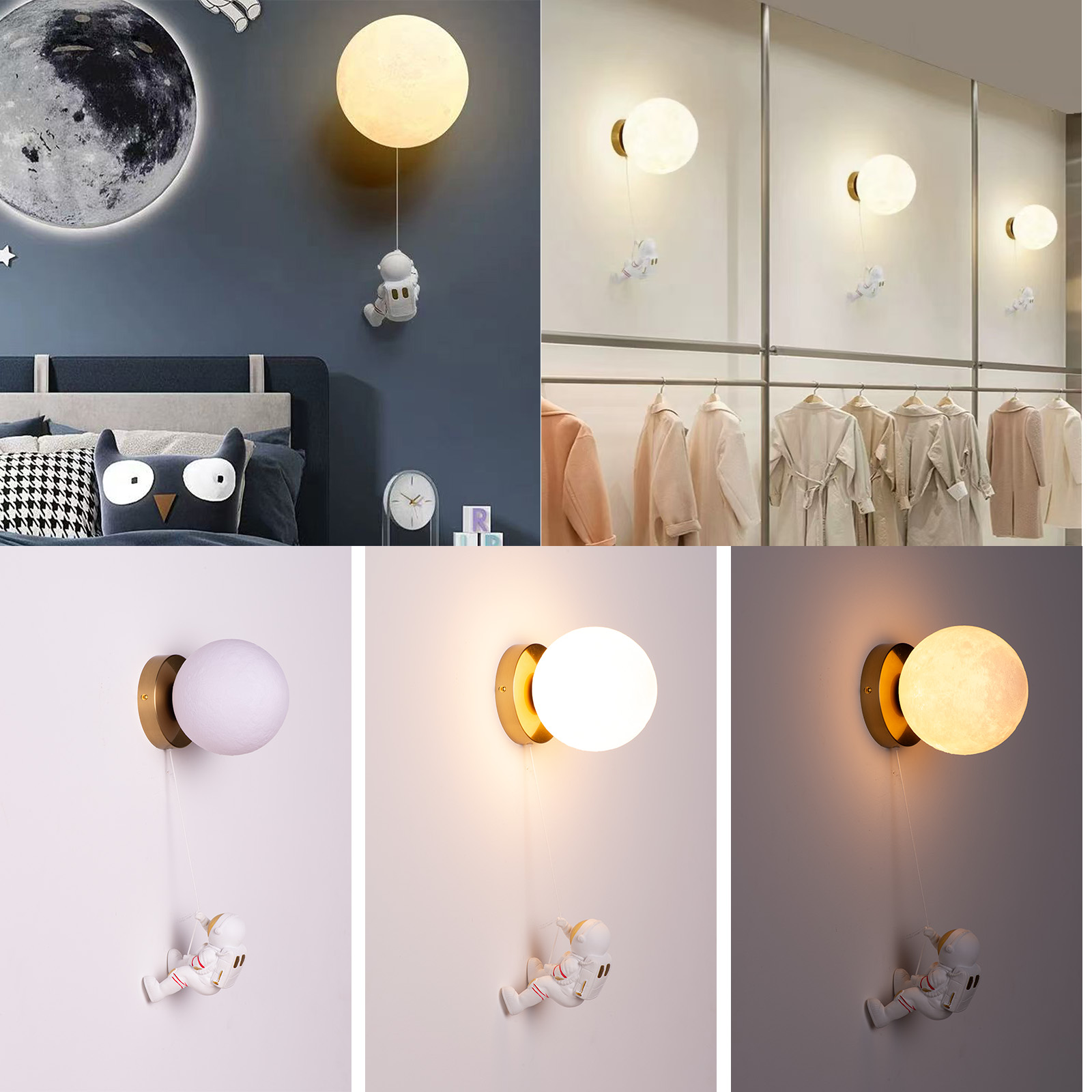 Lámpara de pared con forma de luna con figura de astronauta, colgando de la luna. Fondo de dormitorio.