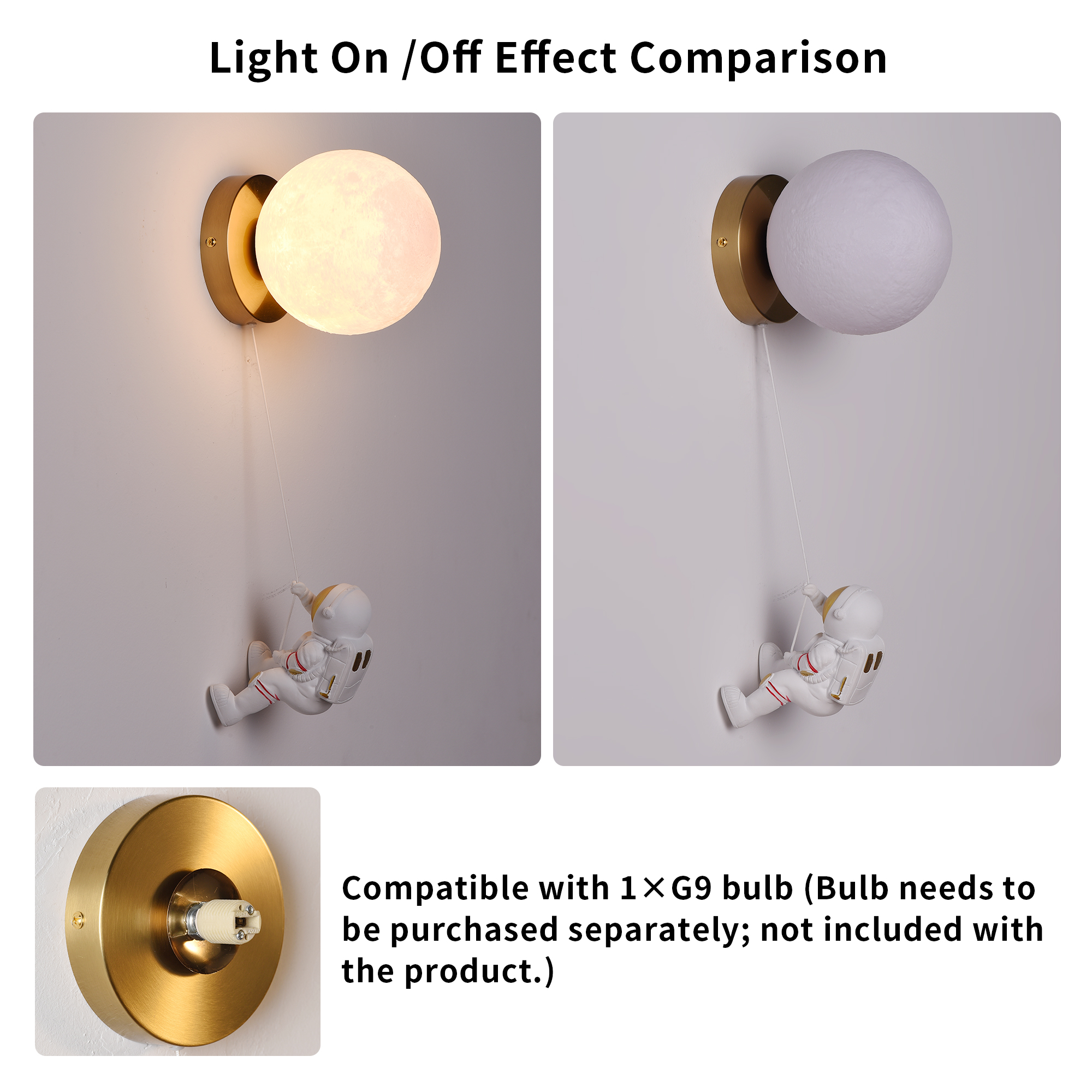 Comparación de luz de pared: luz en forma de luna encendida y apagada, con una figura de astronauta colgando debajo.