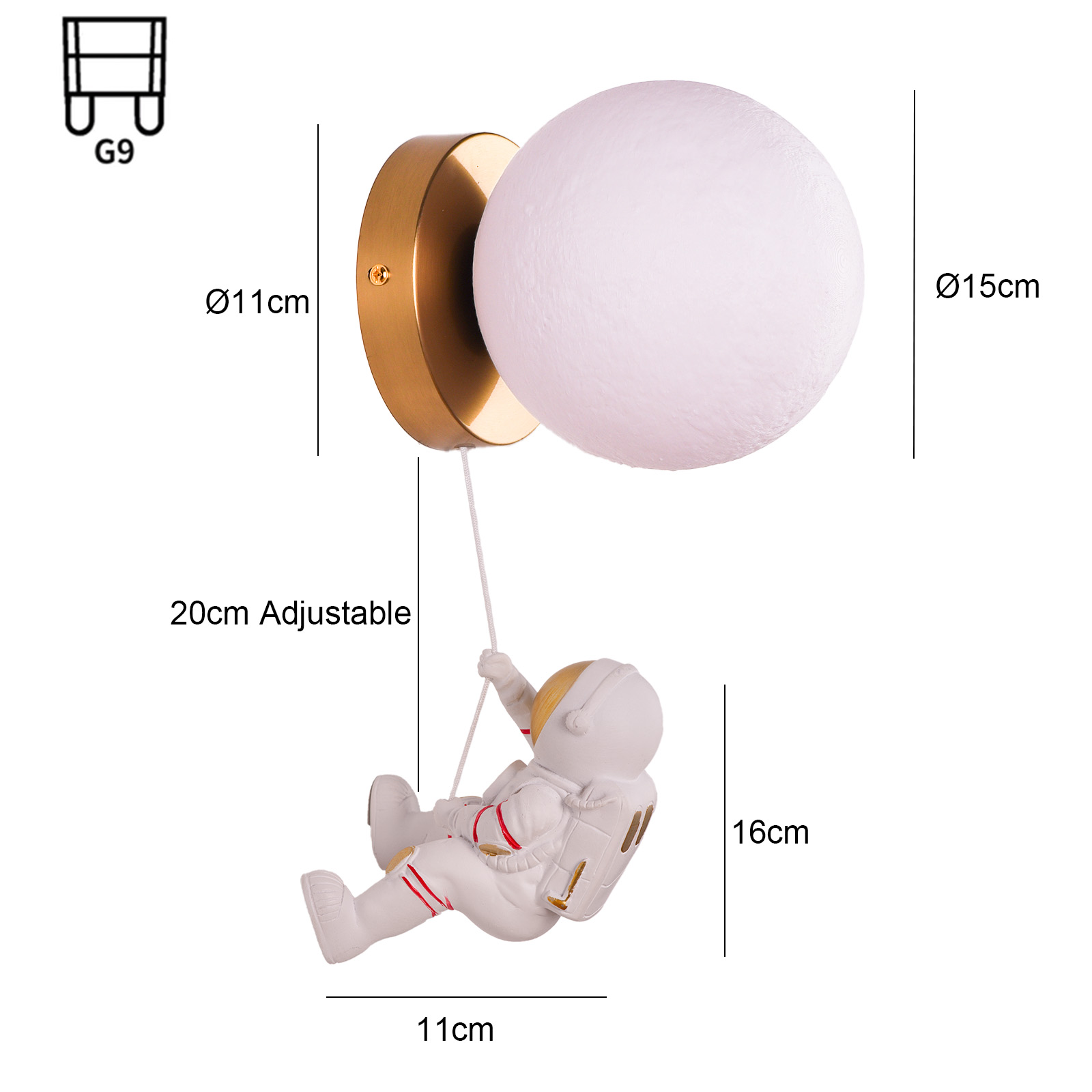 Lámpara de pared con forma de luna y figura de astronauta. Dimensiones en cm y pulgadas.